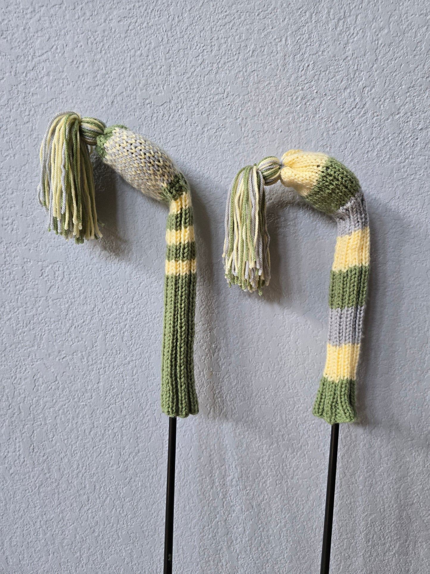 Two Golf Club Head Covers Retro-Vintage Green, Yellow & Gray with Tassels for Fairway Woods