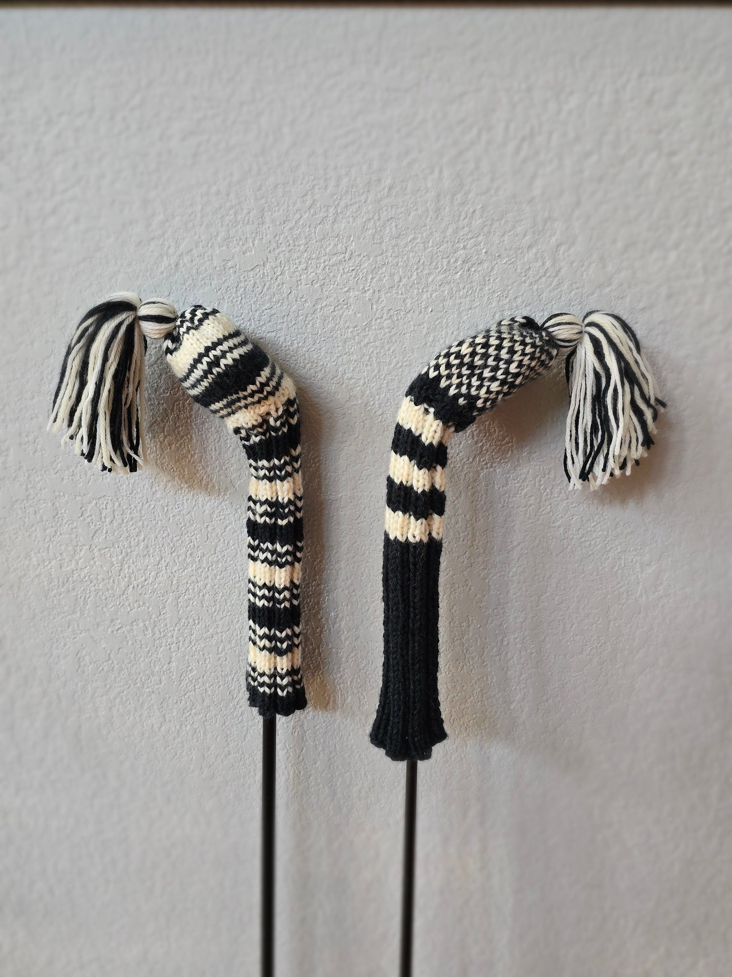Two 100% Wool Hand Knit Golf Club Head Cover Retro-Vintage Dark Gray & Ivory with Tassel for Fairway Woods