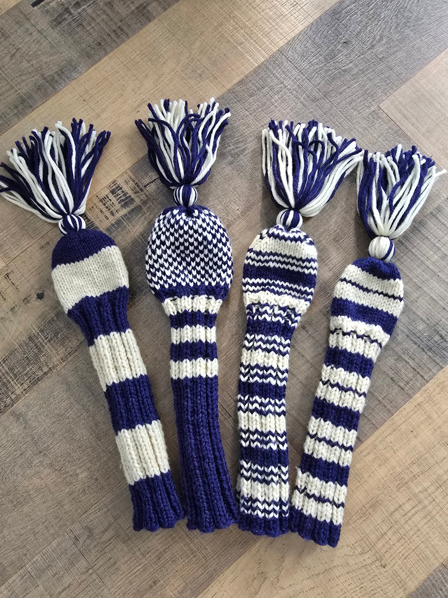 Four 100% Wool Hand Knit Golf Club Head Cover Retro-Vintage Navy & Ivory with Tassels for Driver, Fairway Woods and Hybrid