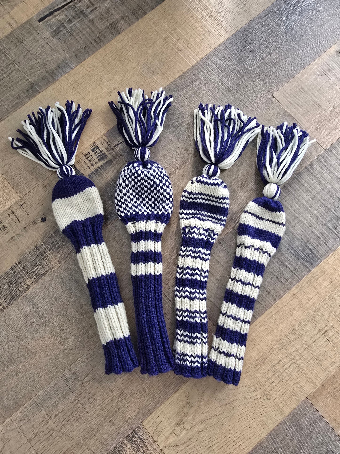 Four 100% Wool Hand Knit Golf Club Head Cover Retro-Vintage Navy & Ivory with Tassels for Driver, Fairway Woods and Hybrid