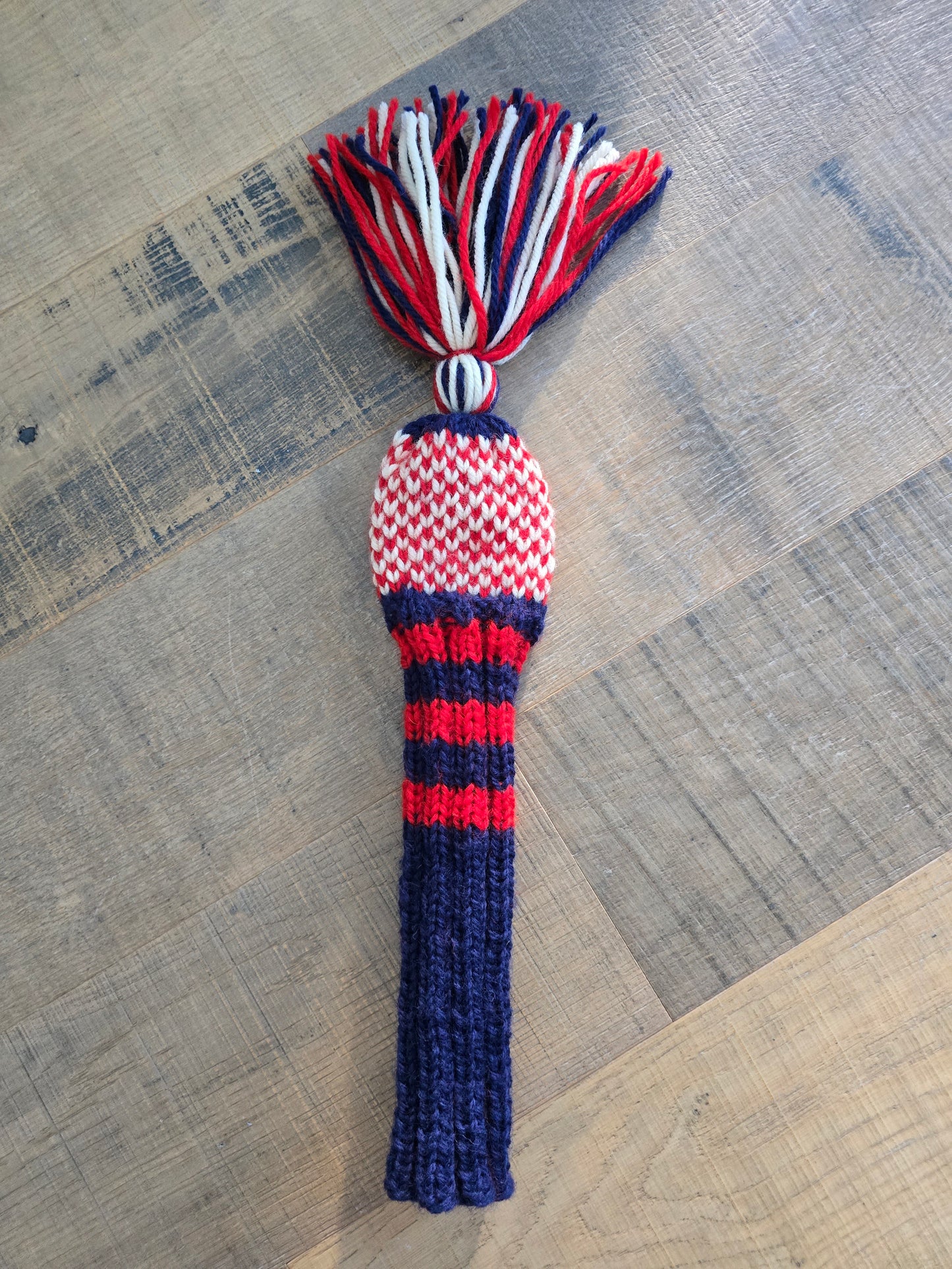 100% Wool Hand Knit Hybrid Golf Club Head Cover Retro-Vintage Blue, Red, & Ivory with Tassel for Ben