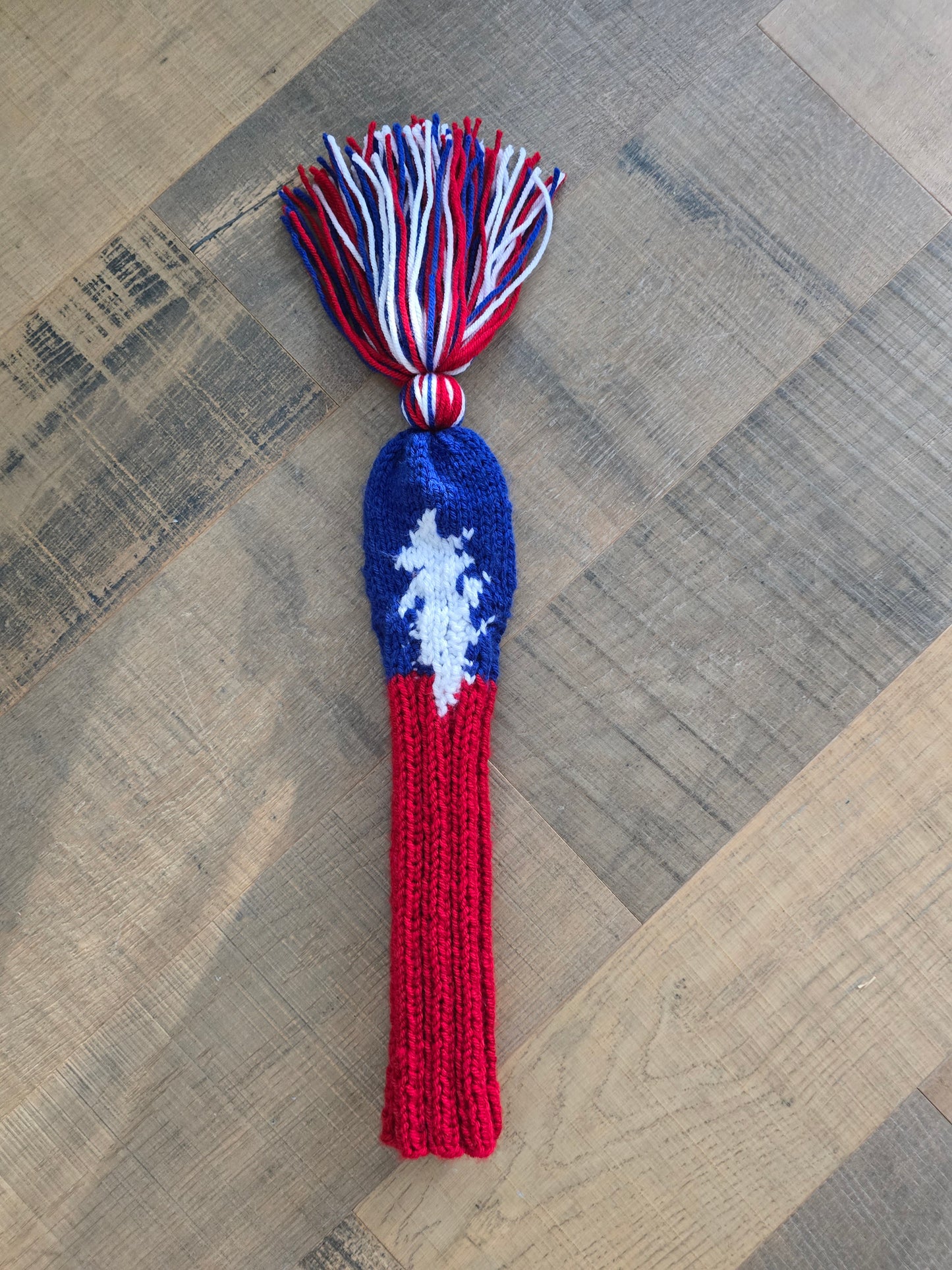 Hand Knit Fairway Cover Red, White and Blue with 13 point Lightening Bolt