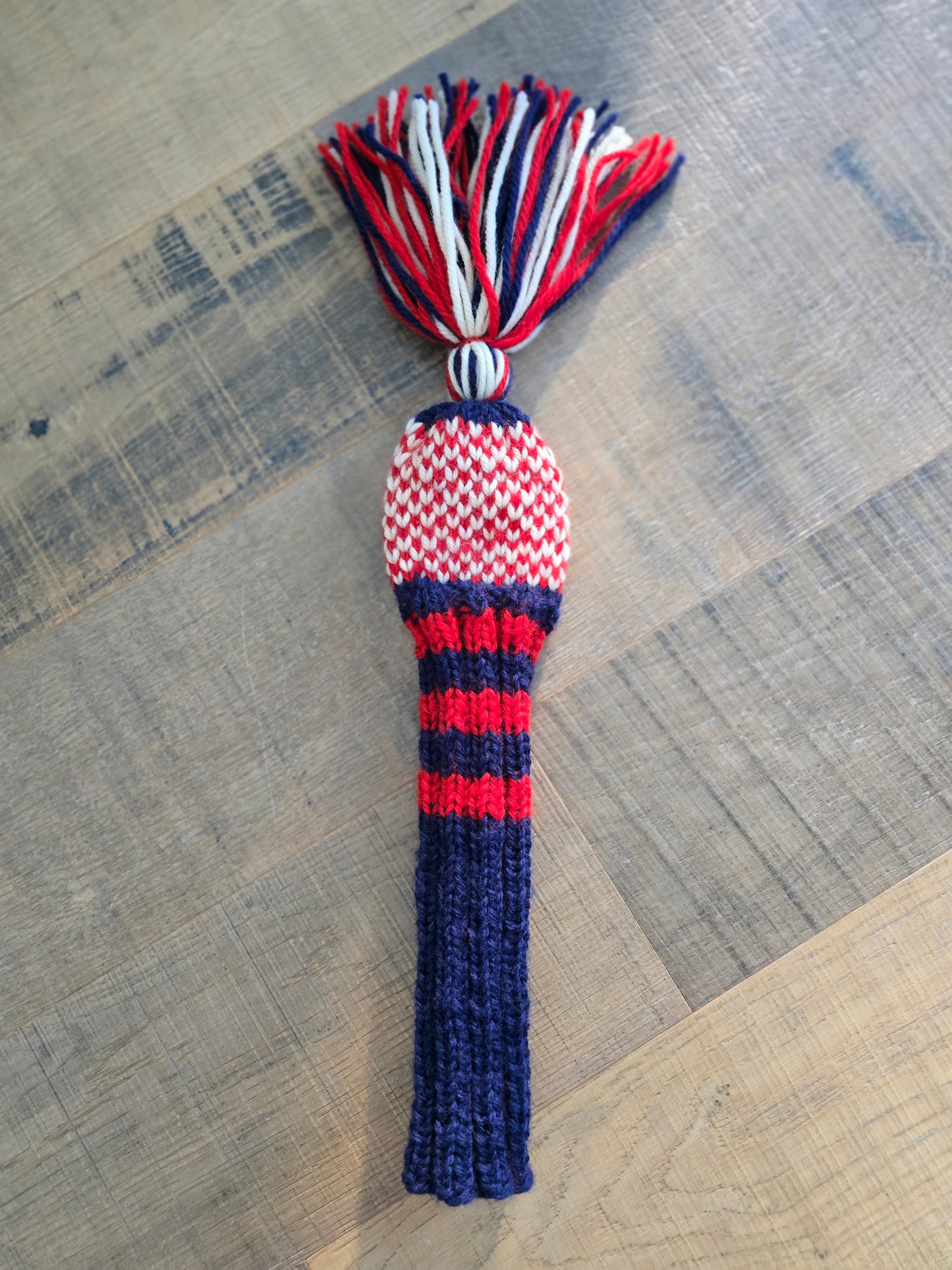 100% Wool Hand Knit Hybrid Golf Club Head Cover Retro-Vintage Blue, Red, & Ivory with Tassel for Ben