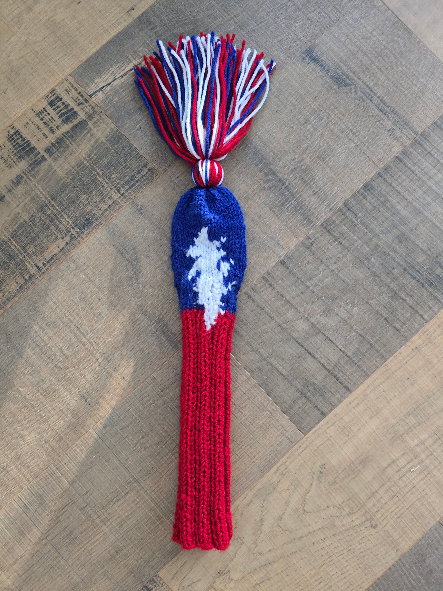 Hand Knit Fairway Cover Red, White and Blue with 13 point Lightening Bolt