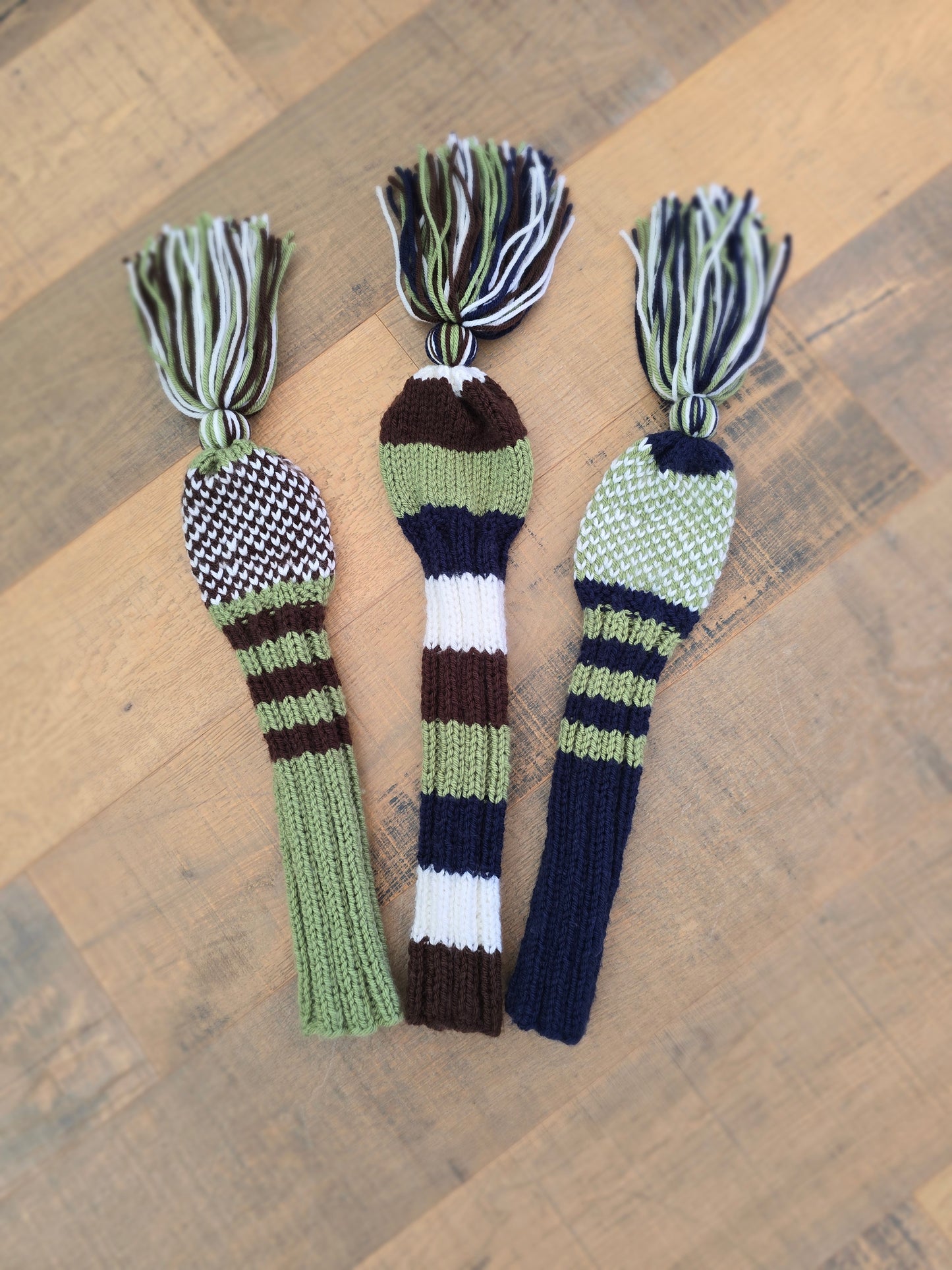Hand Knit Golf Club Head Covers Retro-Vintage Navy, Green, Brown & White Set of Three Driver & Fairway Woods