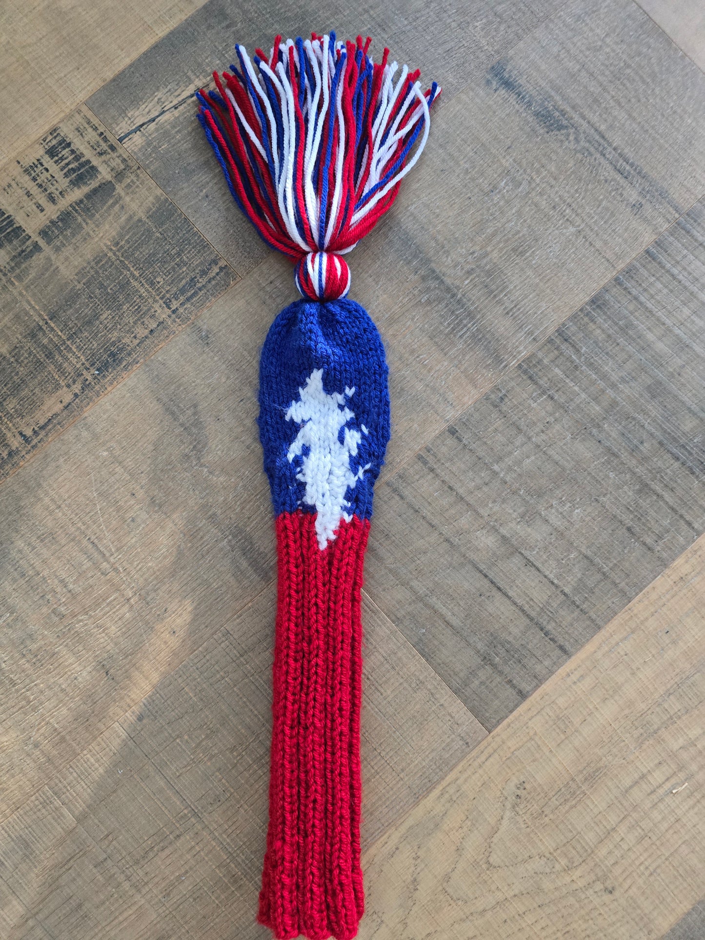 Hand Knit Fairway Cover Red, White and Blue with 13 point Lightening Bolt