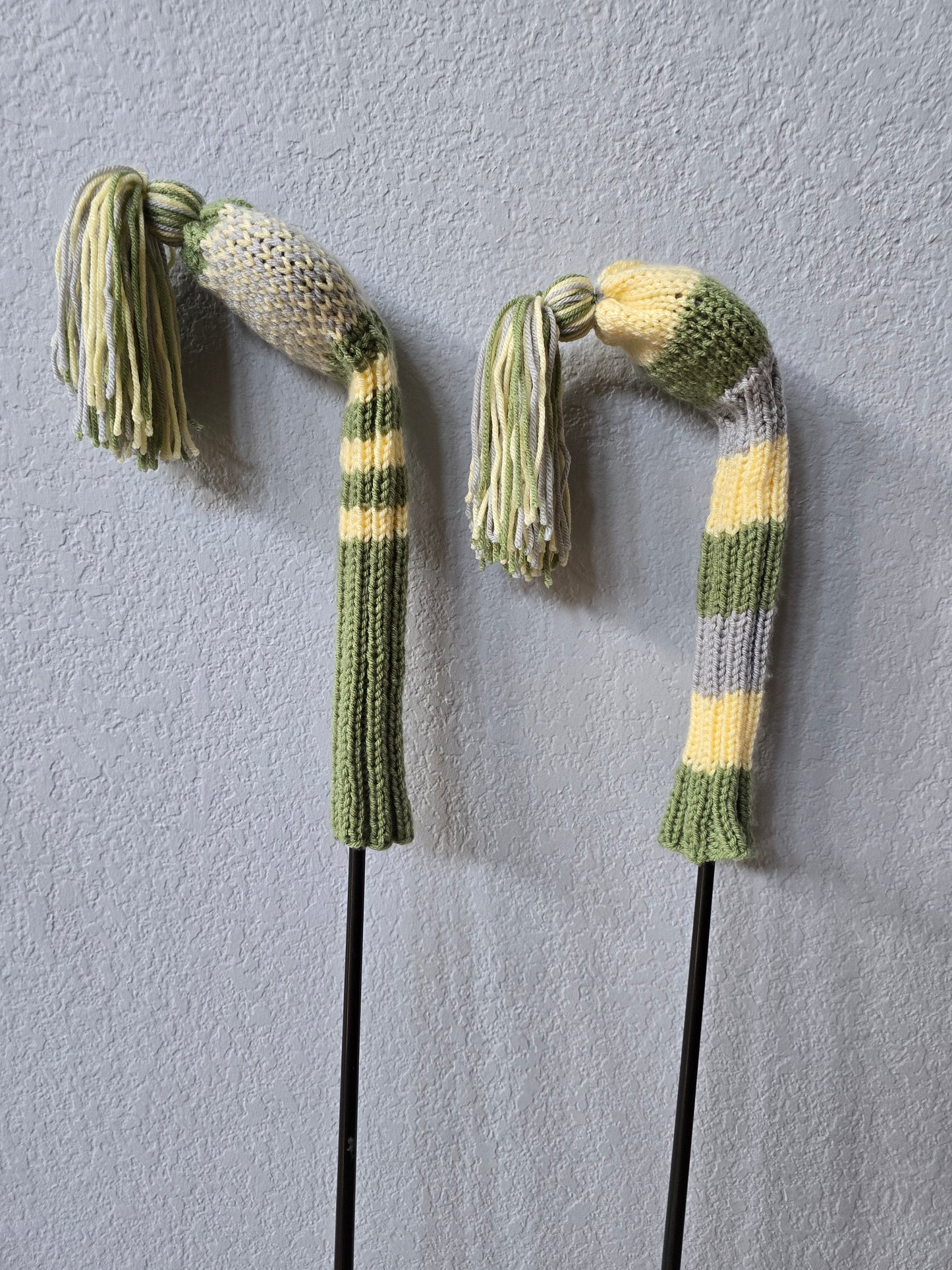 Two Golf Club Head Covers Retro-Vintage Green, Yellow & Gray with Tassels for Fairway Woods
