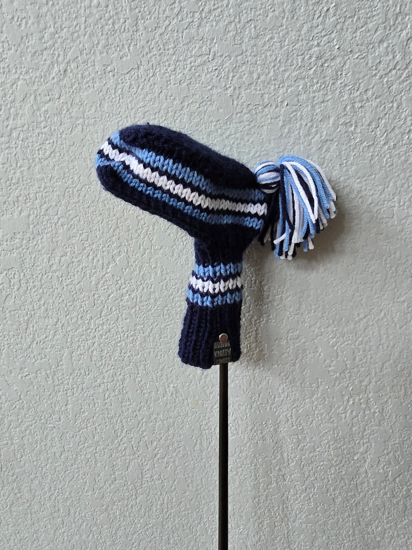 Custom Hand Knit Golf Club Head Cover Retro-Vintage Blue & White for Mallet Putter for Brian
