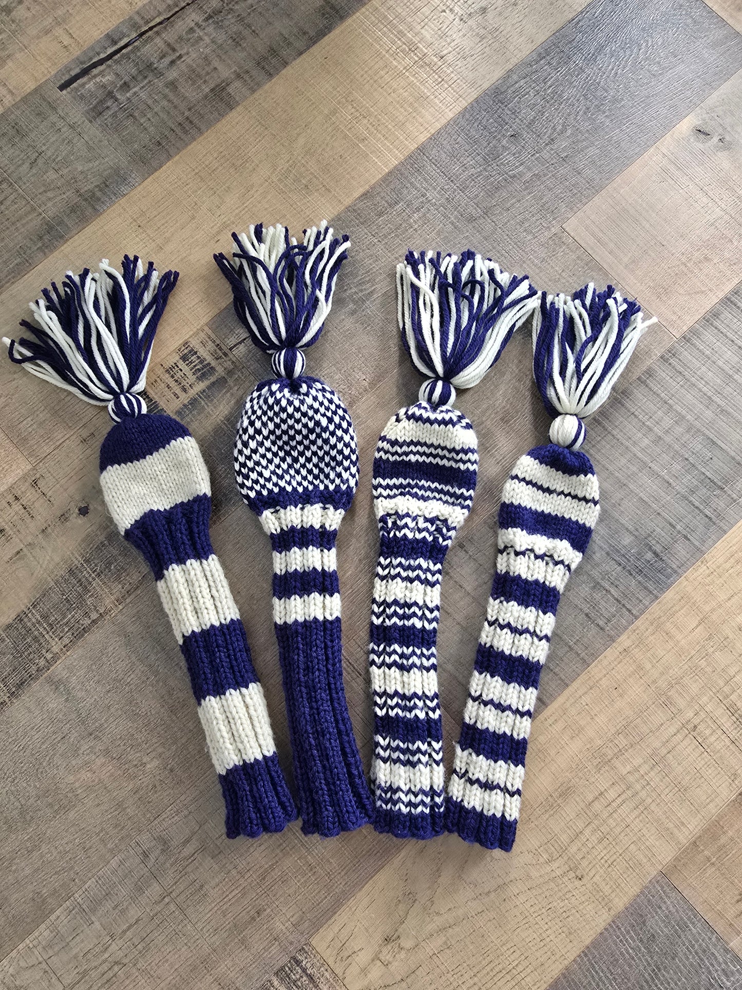 Four 100% Wool Hand Knit Golf Club Head Cover Retro-Vintage Navy & Ivory with Tassels for Driver, Fairway Woods and Hybrid