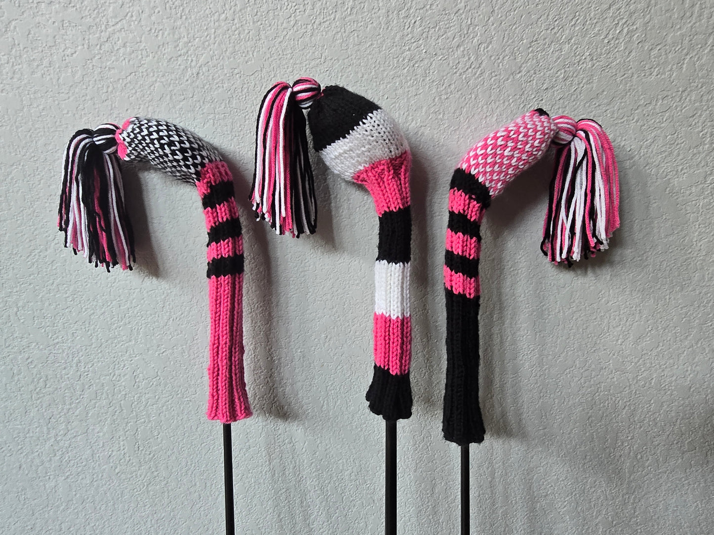 Two Hand Knit Golf Club Head Covers Retro-Vintage Black, Pink & White with Tassels for Fairway Woods