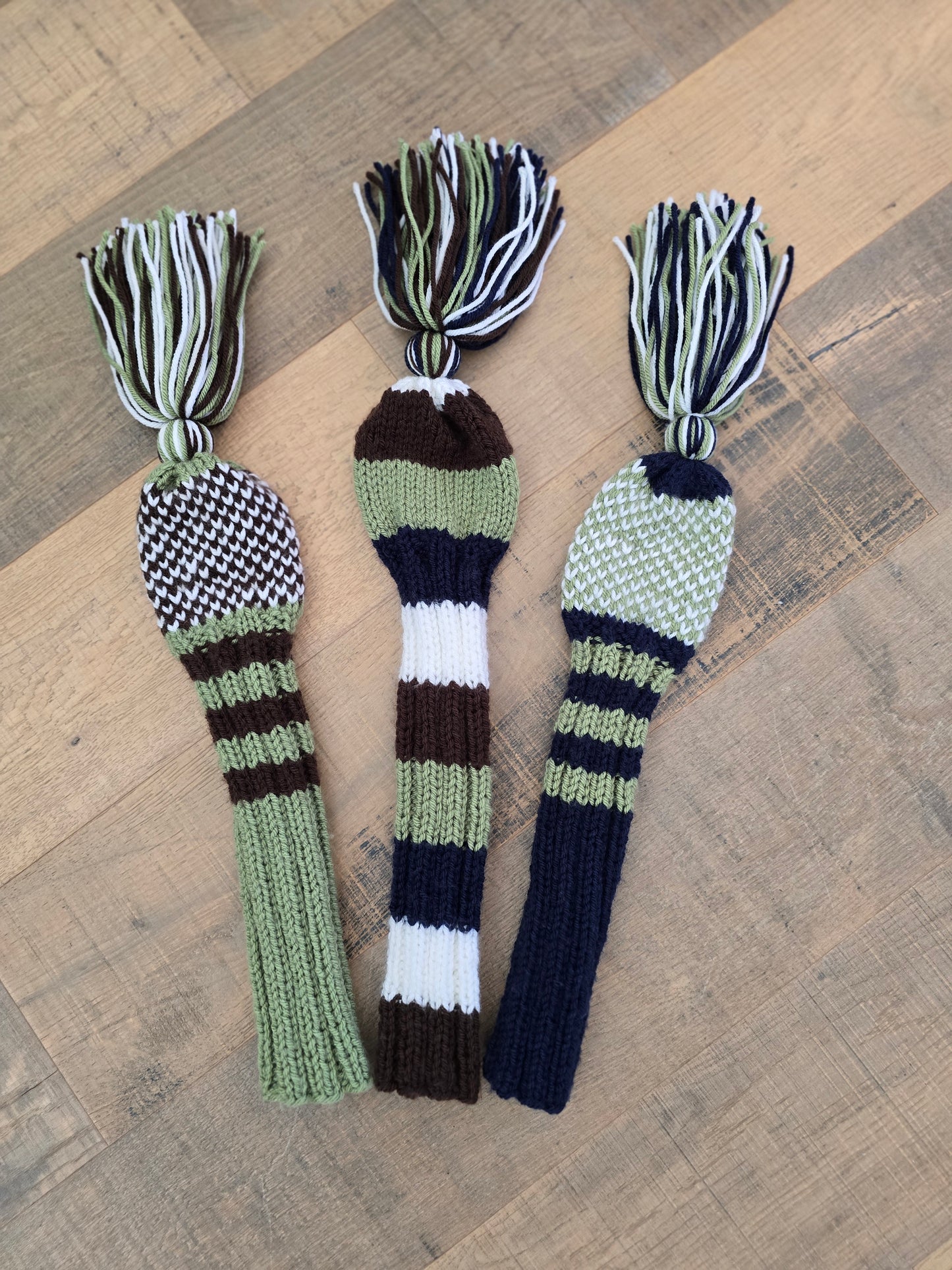 Hand Knit Golf Club Head Covers Retro-Vintage Navy, Green, Brown & White Set of Three Driver & Fairway Woods