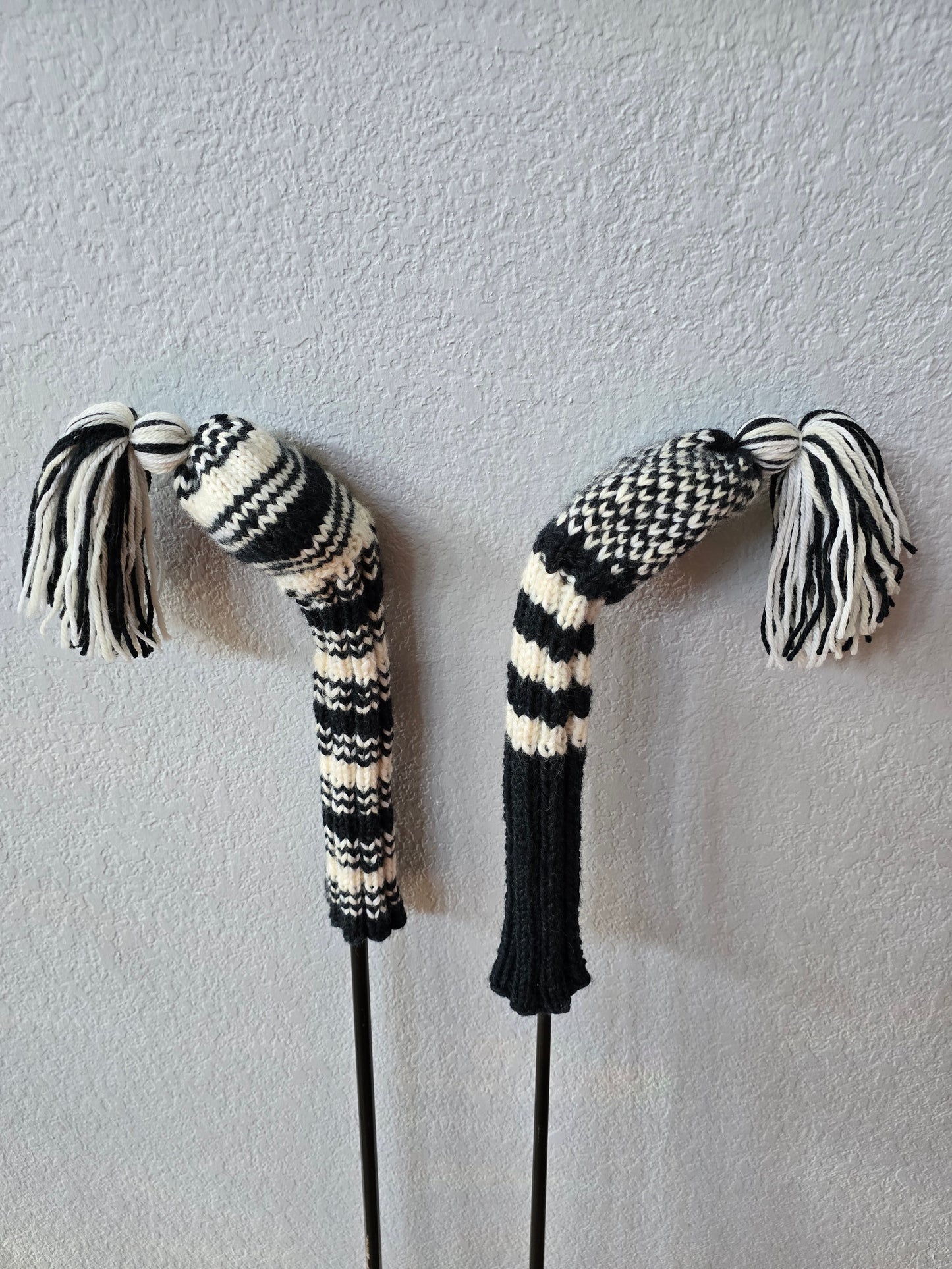 Two 100% Wool Hand Knit Golf Club Head Cover Retro-Vintage Dark Gray & Ivory with Tassel for Fairway Woods