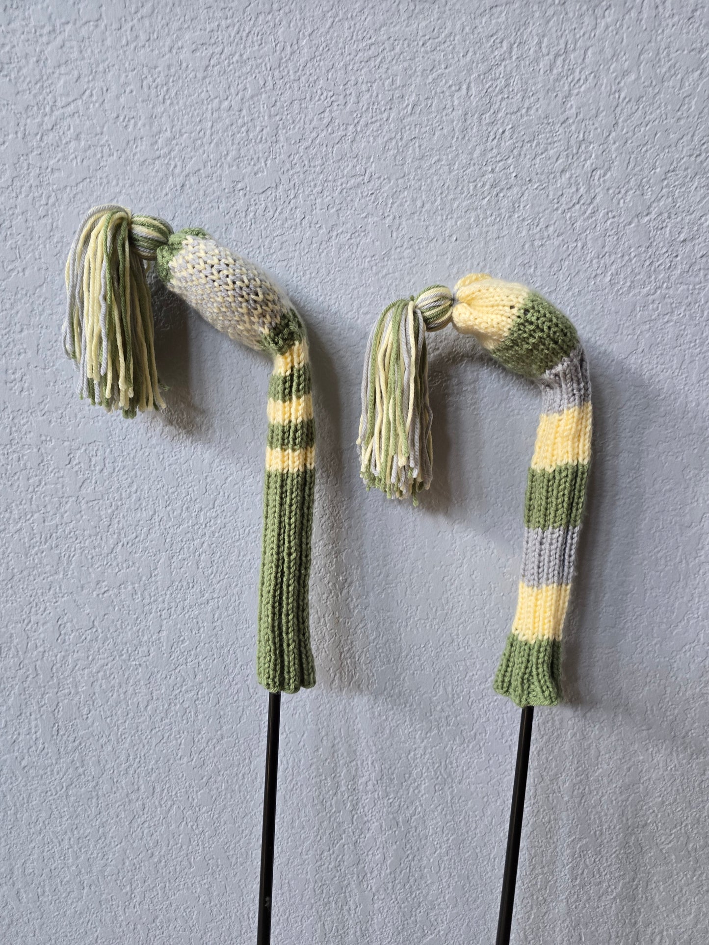 Two Golf Club Head Covers Retro-Vintage Green, Yellow & Gray with Tassels for Fairway Woods