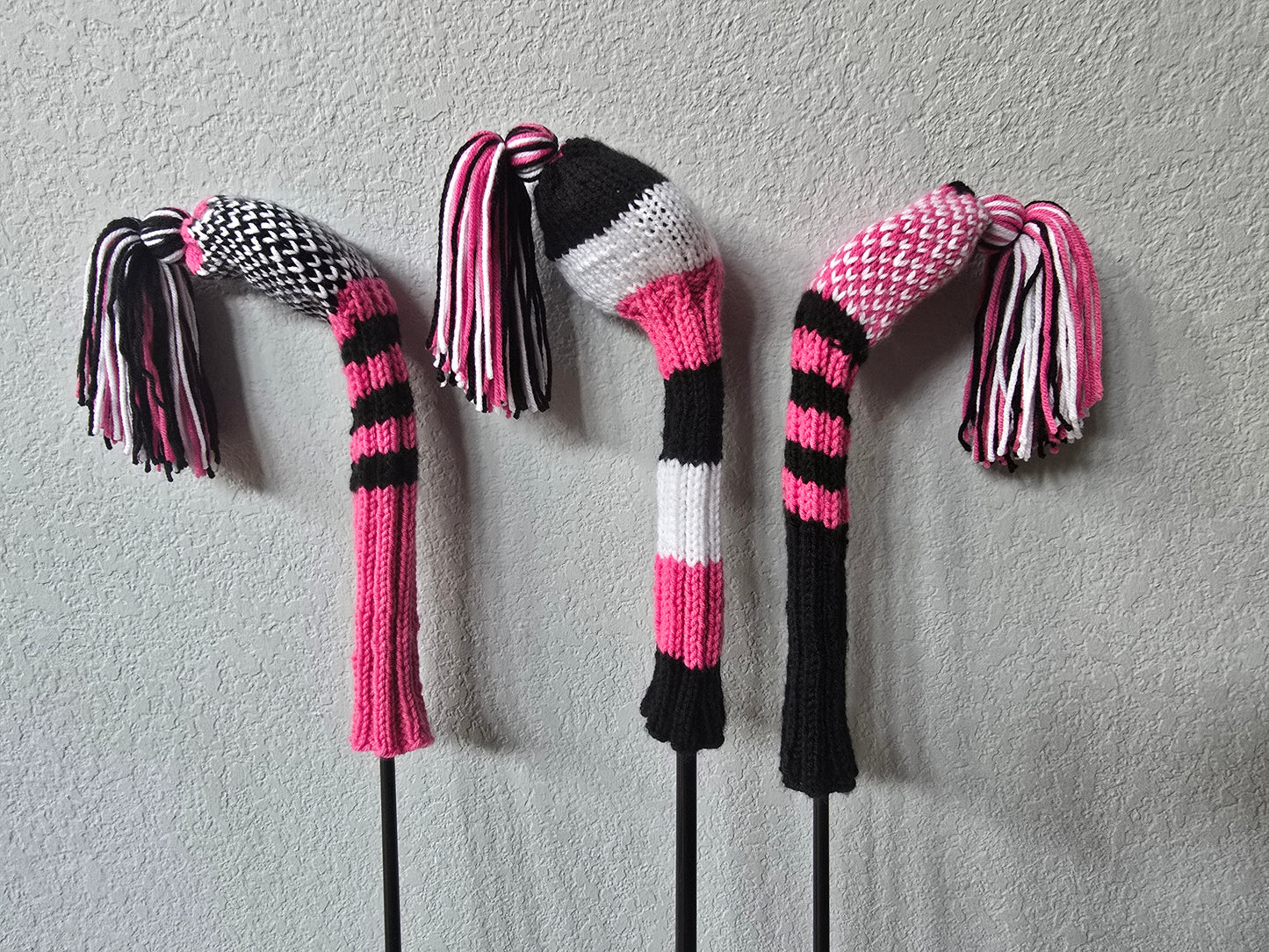 Two Hand Knit Golf Club Head Covers Retro-Vintage Black, Pink & White with Tassels for Fairway Woods