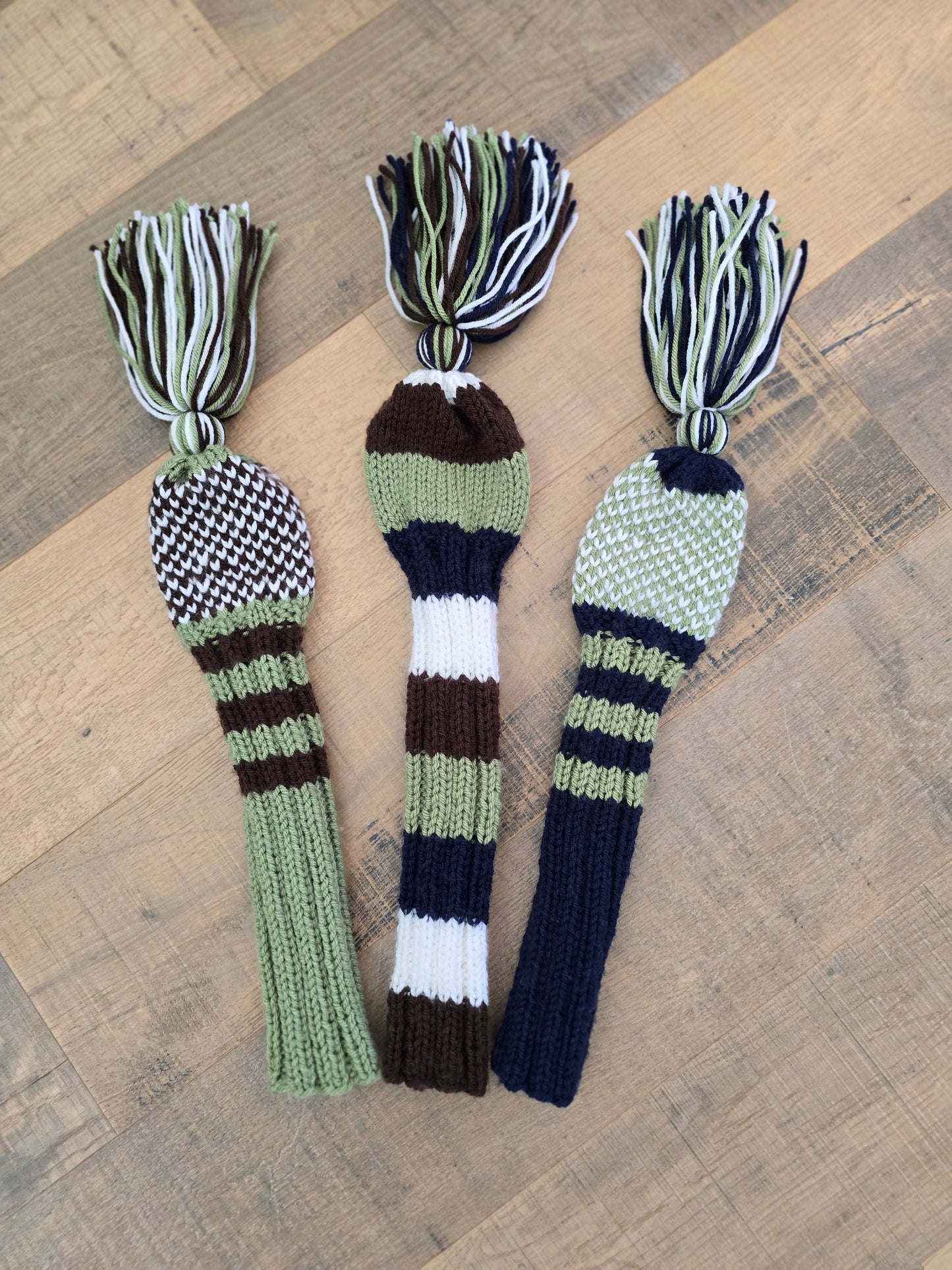 Hand Knit Golf Club Head Covers Retro-Vintage Navy, Green, Brown & White Set of Three Driver & Fairway Woods