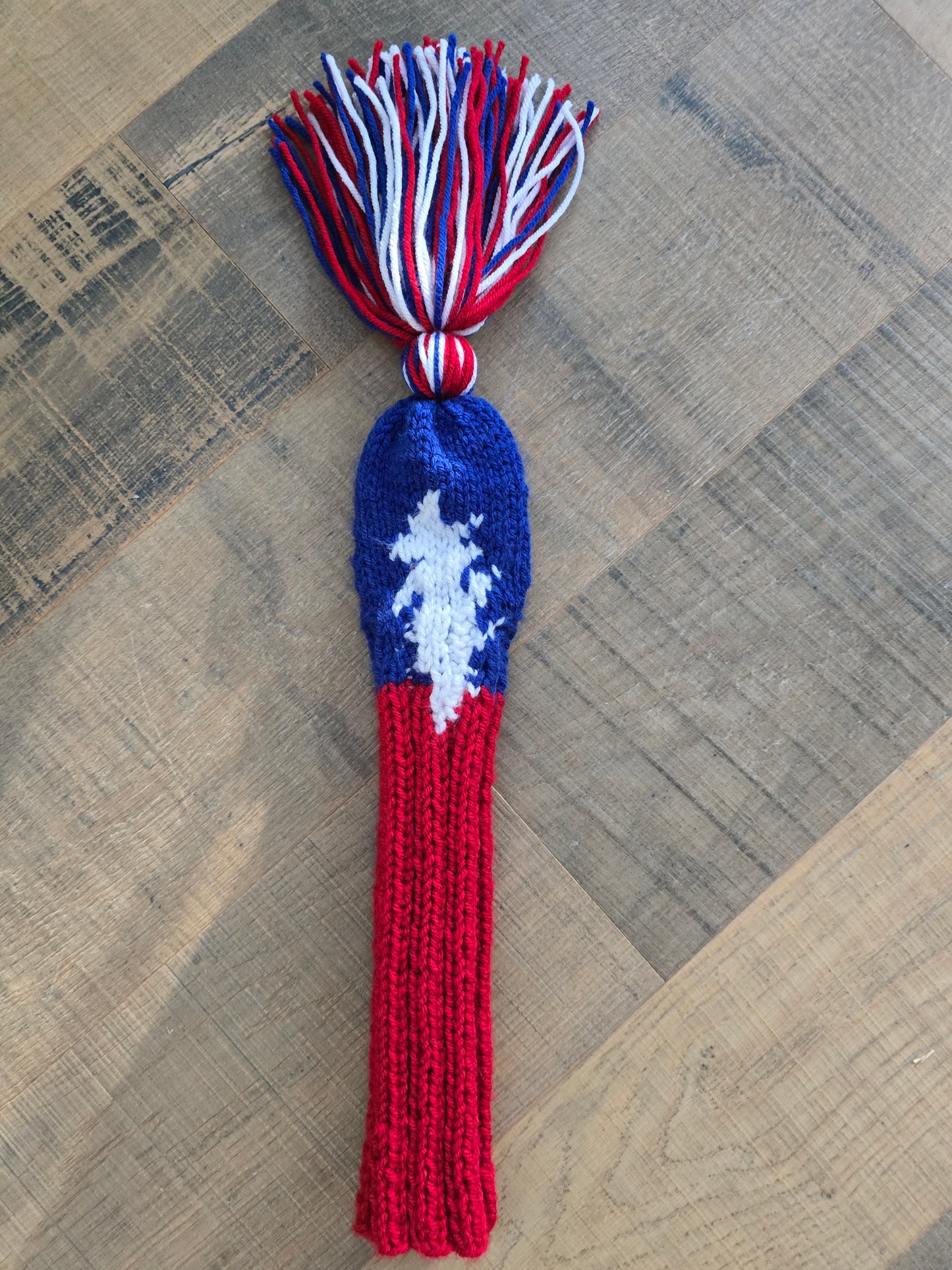 Hand Knit Fairway Cover Red, White and Blue with 13 point Lightening Bolt