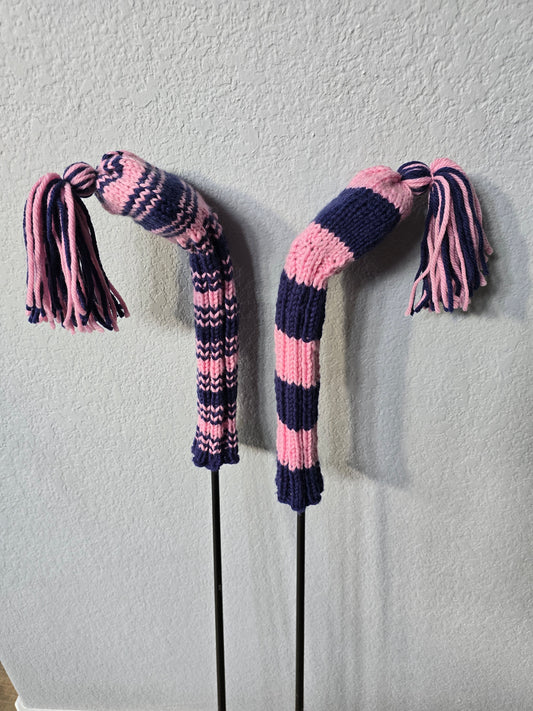 Two 100% Wool Hand Knit Golf Club Head Cover Retro-Vintage Navy & Pink with Tassel for Hybrids Fairway Woods Golf Gift