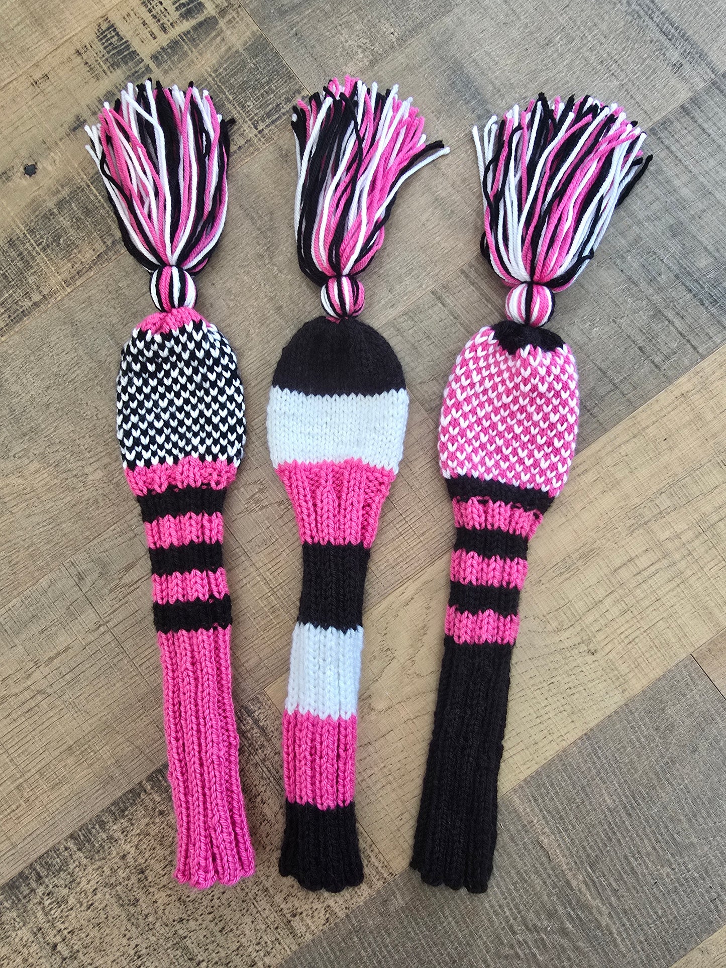 Two Hand Knit Golf Club Head Covers Retro-Vintage Black, Pink & White with Tassels for Fairway Woods