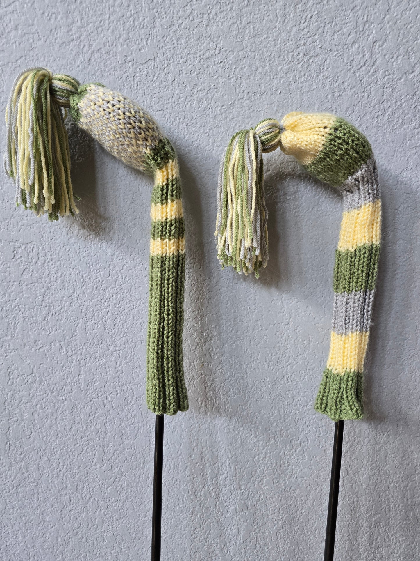 Two Golf Club Head Covers Retro-Vintage Green, Yellow & Gray with Tassels for Fairway Woods