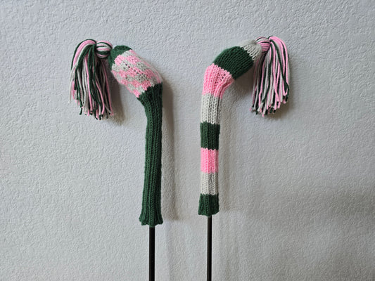 Two Hand Knit Golf Club Head Covers Retro-Vintage Pink, Dark Green & Gray with Tassels for Fairway Woods