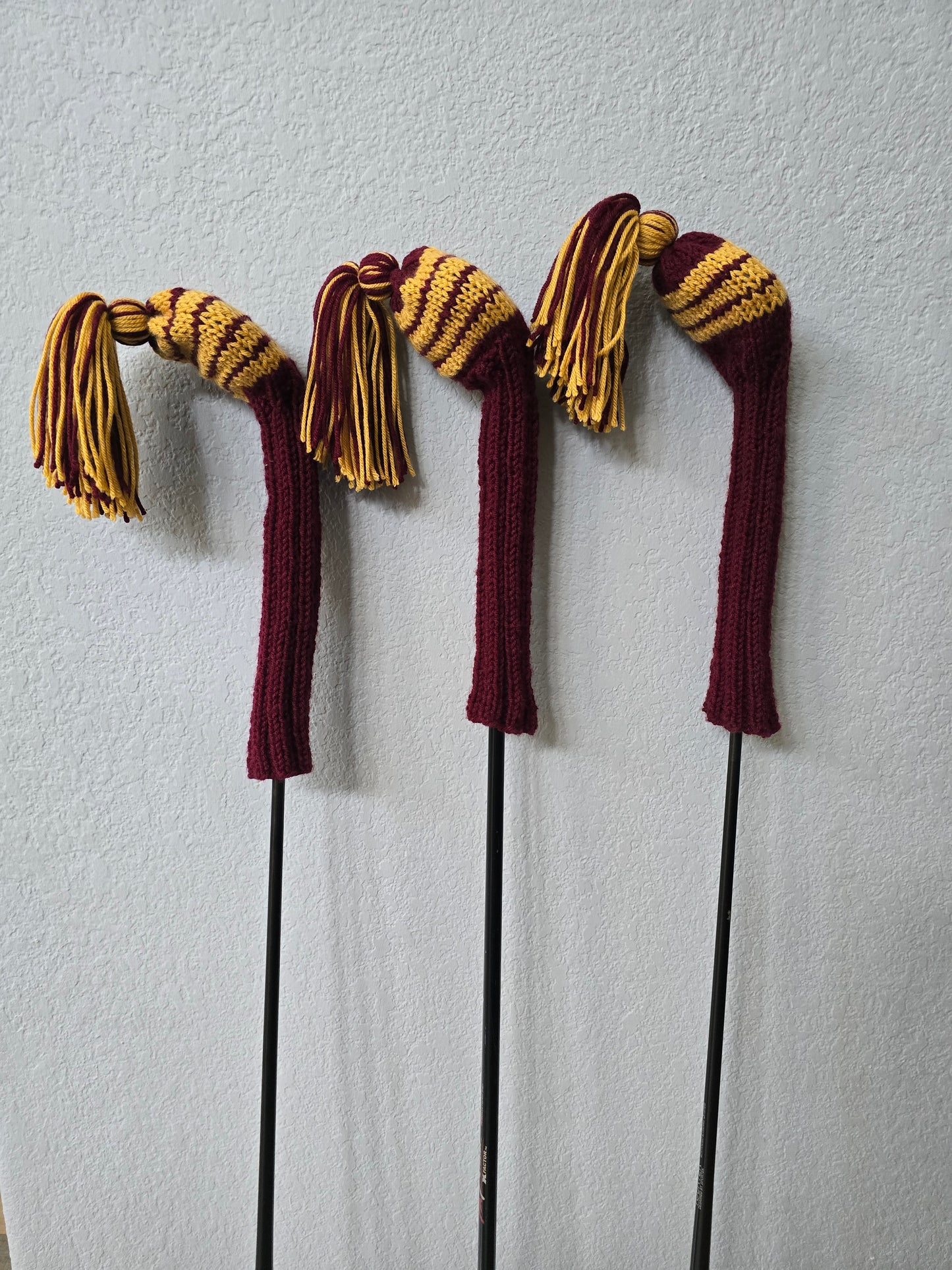 Custom Hand Knit Golf Club Head Covers Retro-Vintage Maroon & Gold with Tassels for 3,4 & 5 Fairway Woods