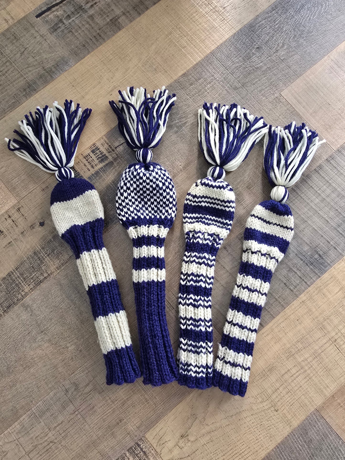 Four 100% Wool Hand Knit Golf Club Head Cover Retro-Vintage Navy & Ivory with Tassels for Driver, Fairway Woods and Hybrid