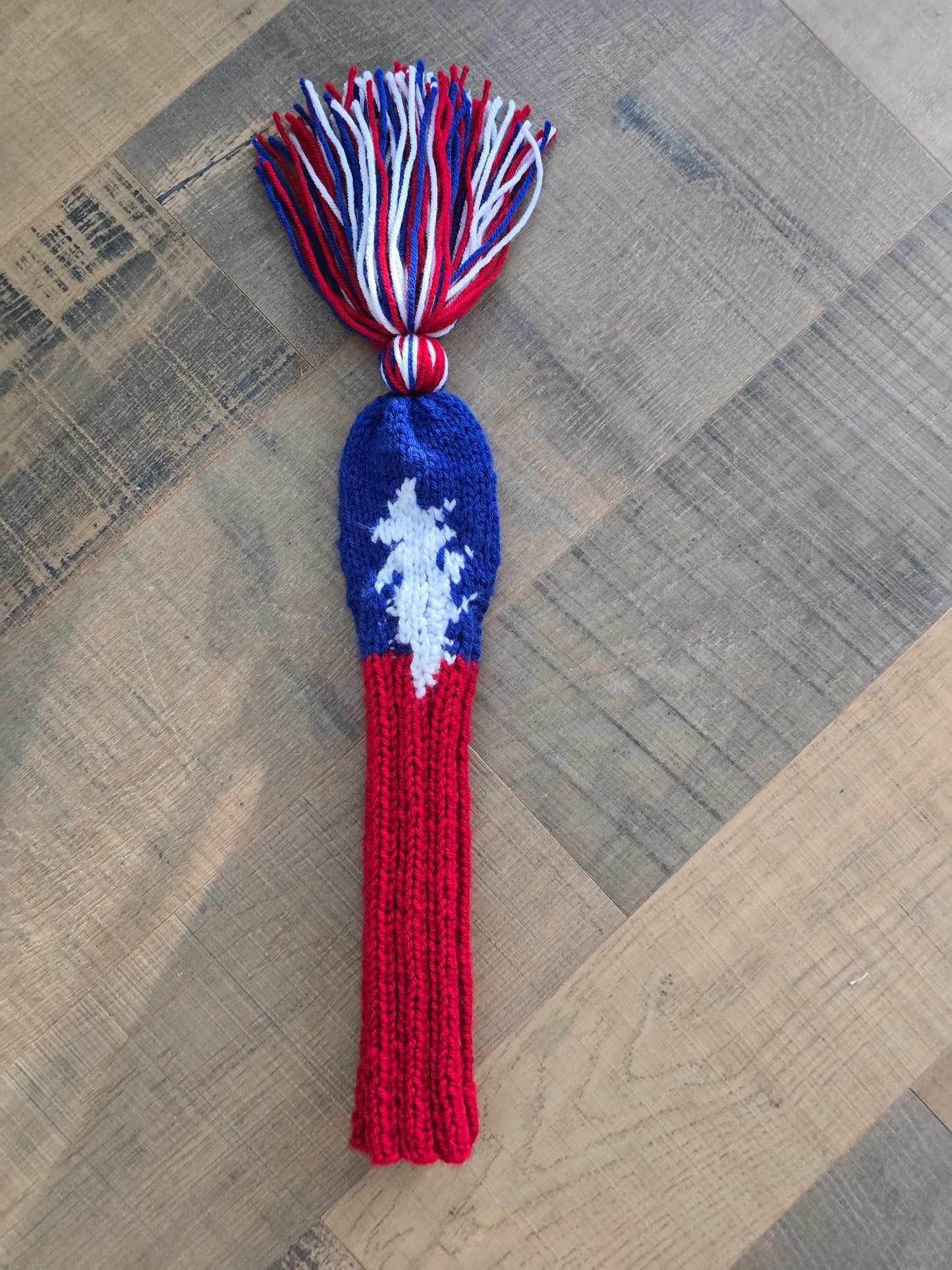 Hand Knit Fairway Cover Red, White and Blue with 13 point Lightening Bolt