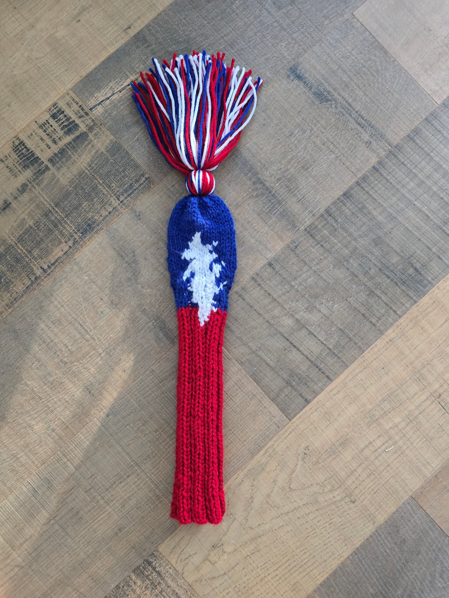 Hand Knit Fairway Cover Red, White and Blue with 13 point Lightening Bolt