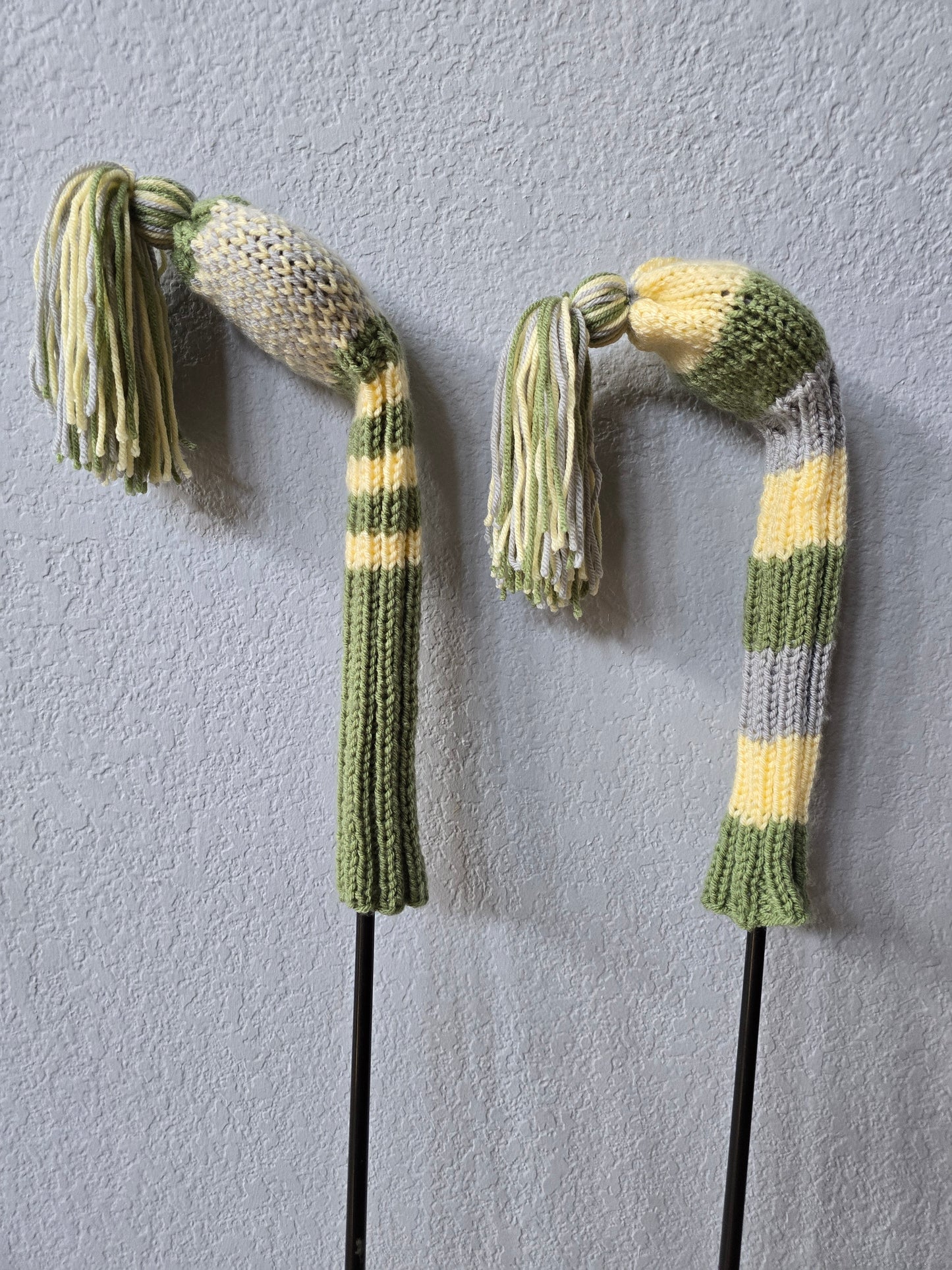 Two Golf Club Head Covers Retro-Vintage Green, Yellow & Gray with Tassels for Fairway Woods