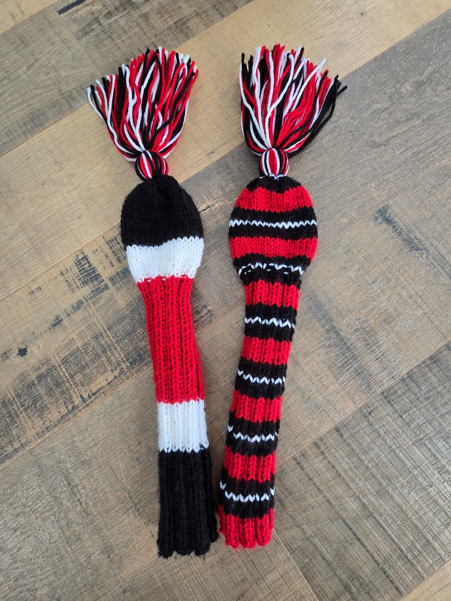 Two Hand Knit Golf Club Head Covers Black, Red & White with Tassels for Fairway Woods