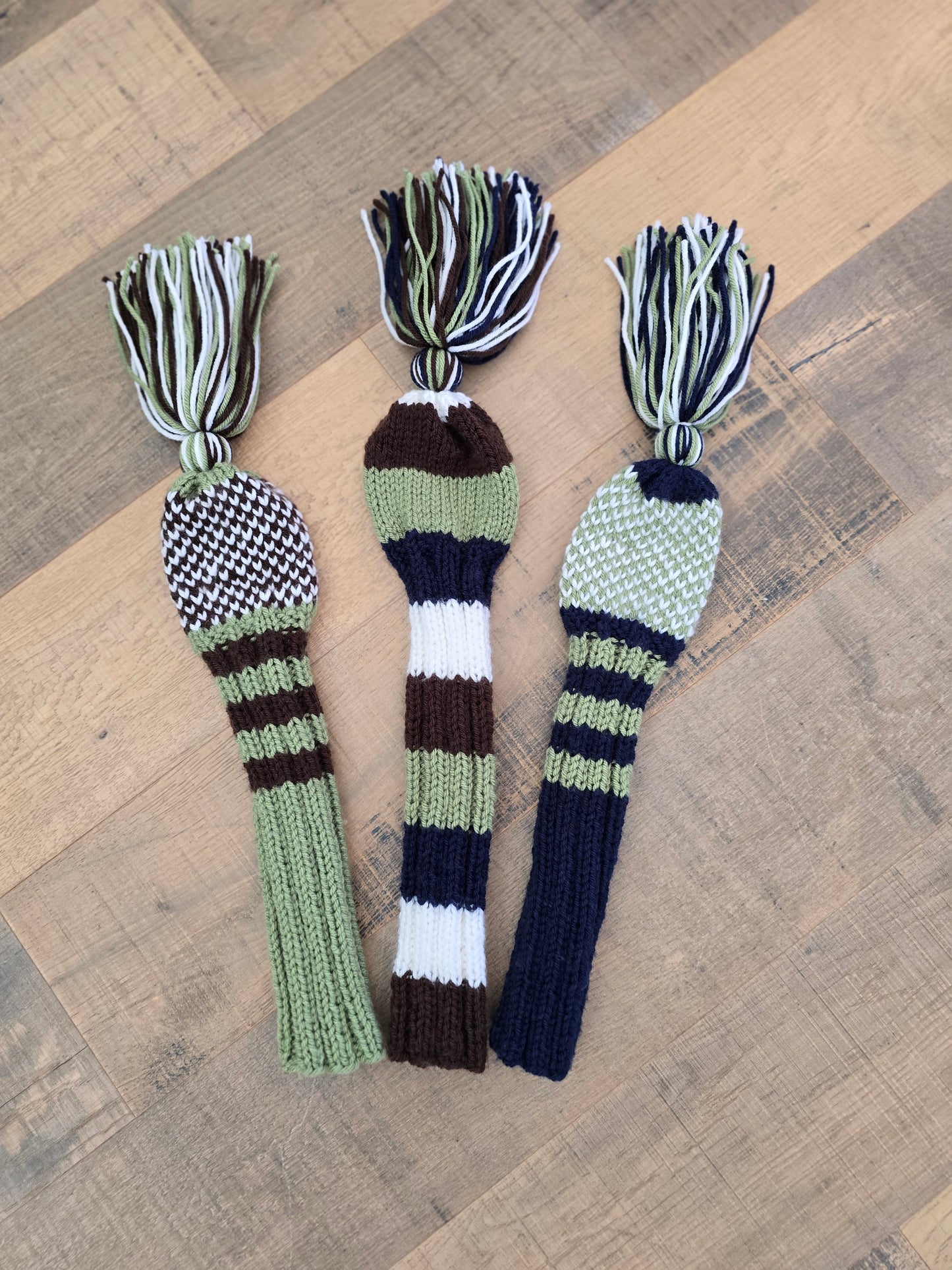 Hand Knit Golf Club Head Covers Retro-Vintage Navy, Green, Brown & White Set of Three Driver & Fairway Woods