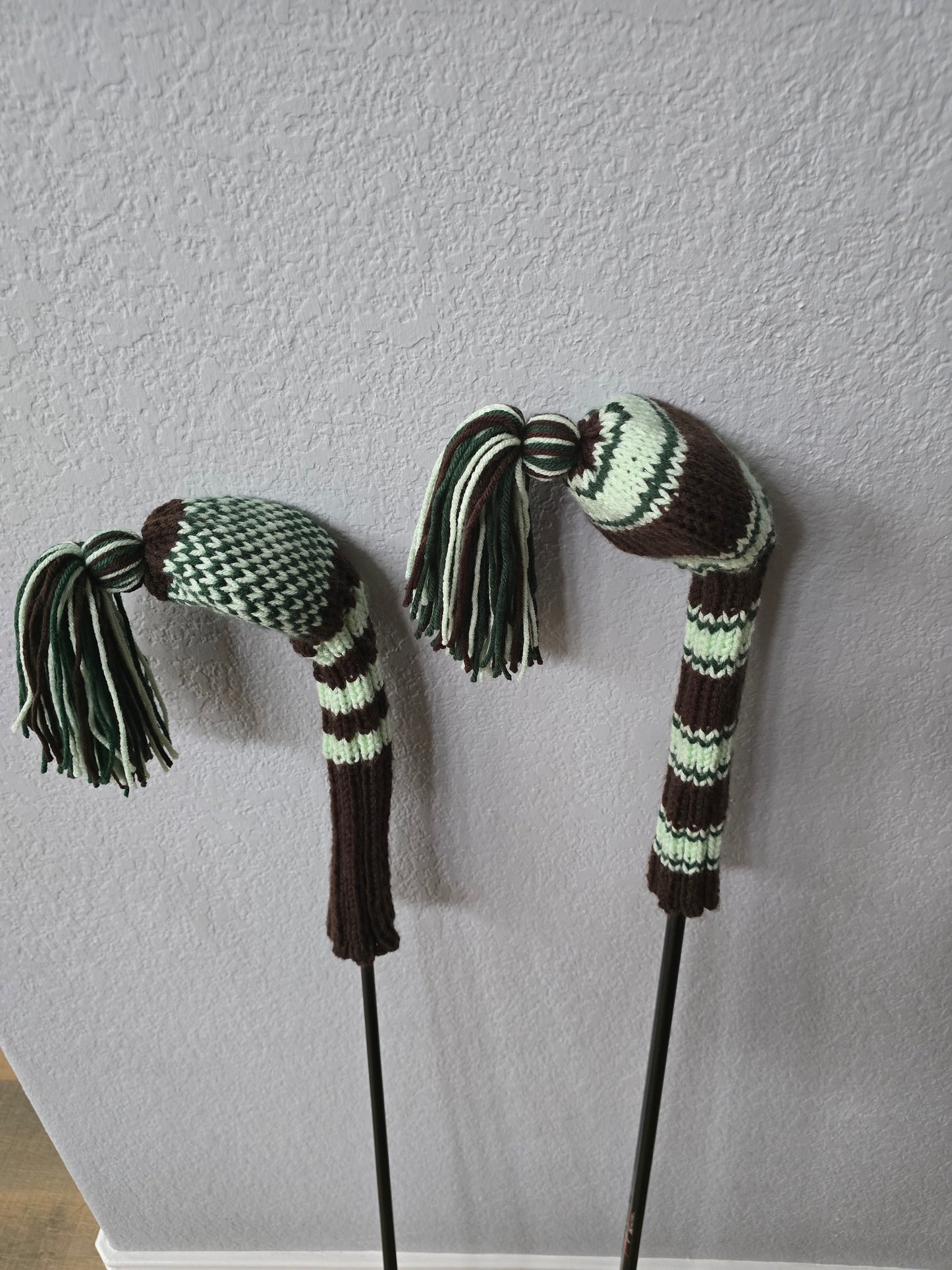 Two Hand Knit Golf Club Head Covers with Tassels for Driver and Fairway Wood Custom Order for Tristan in Brown, Hunter Green and Mint Green