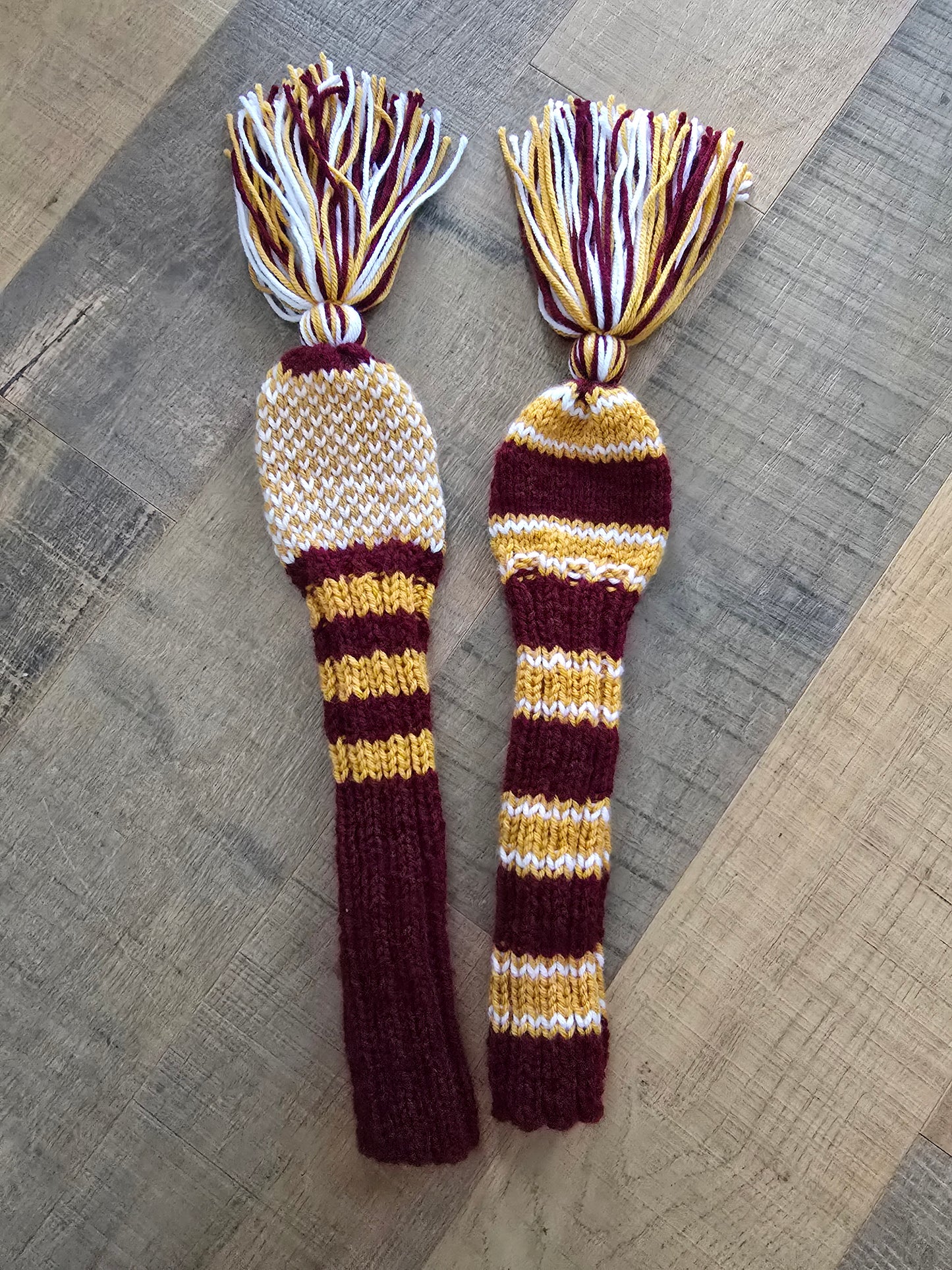 Two Golf Club Head Covers Retro-Vintage Burgundy, Gold & White with Tassels for Fairway Woods