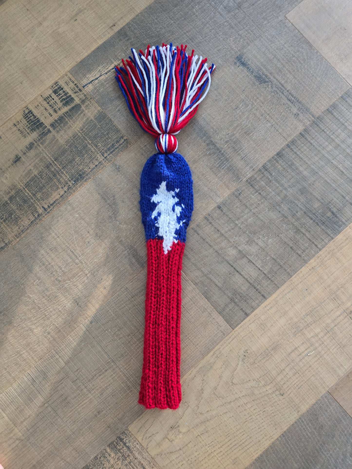Hand Knit Fairway Cover Red, White and Blue with 13 point Lightening Bolt