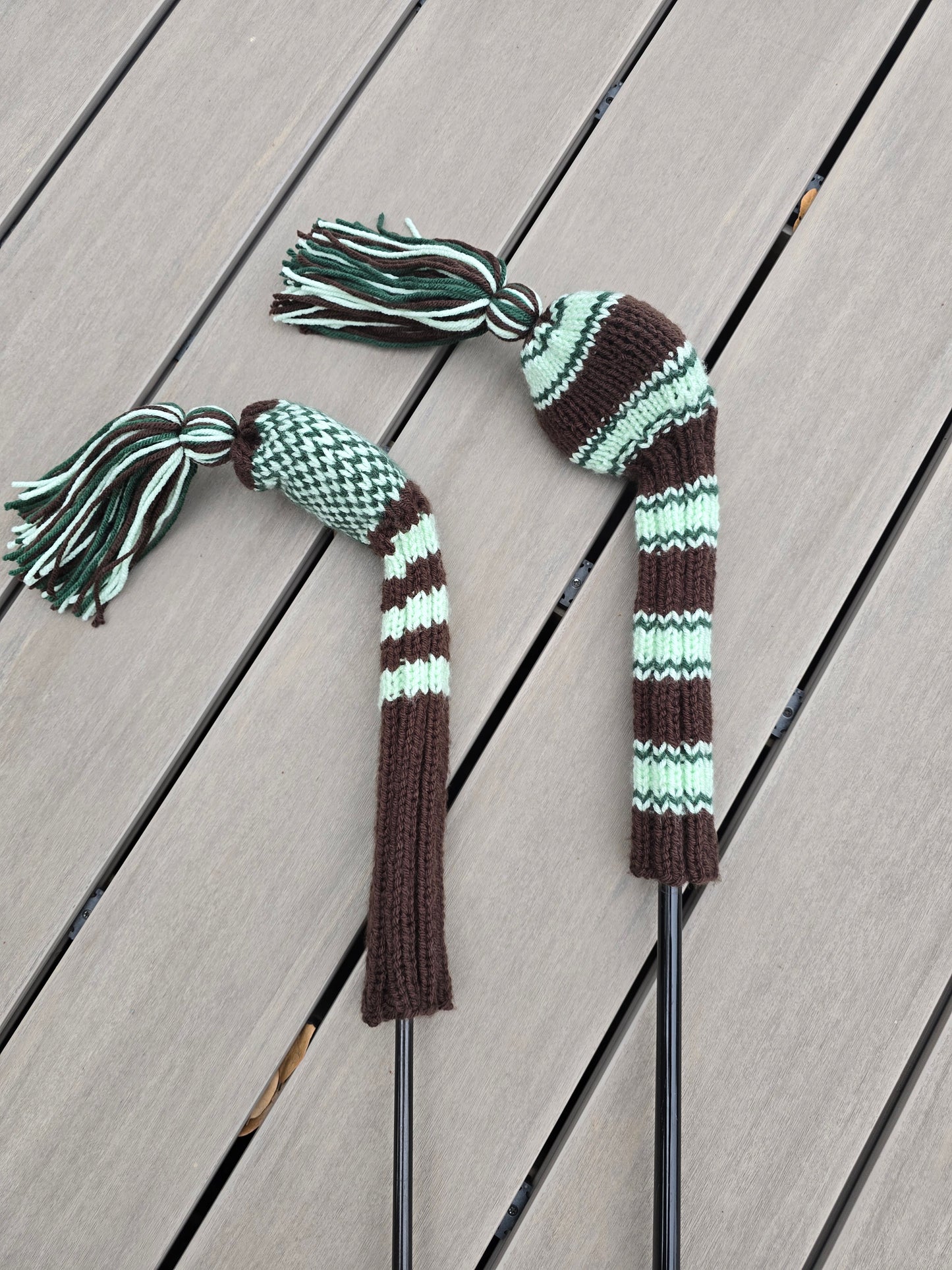 Two Hand Knit Golf Club Head Covers with Tassels for Driver and Fairway Wood Custom Order for Tristan in Brown, Hunter Green and Mint Green