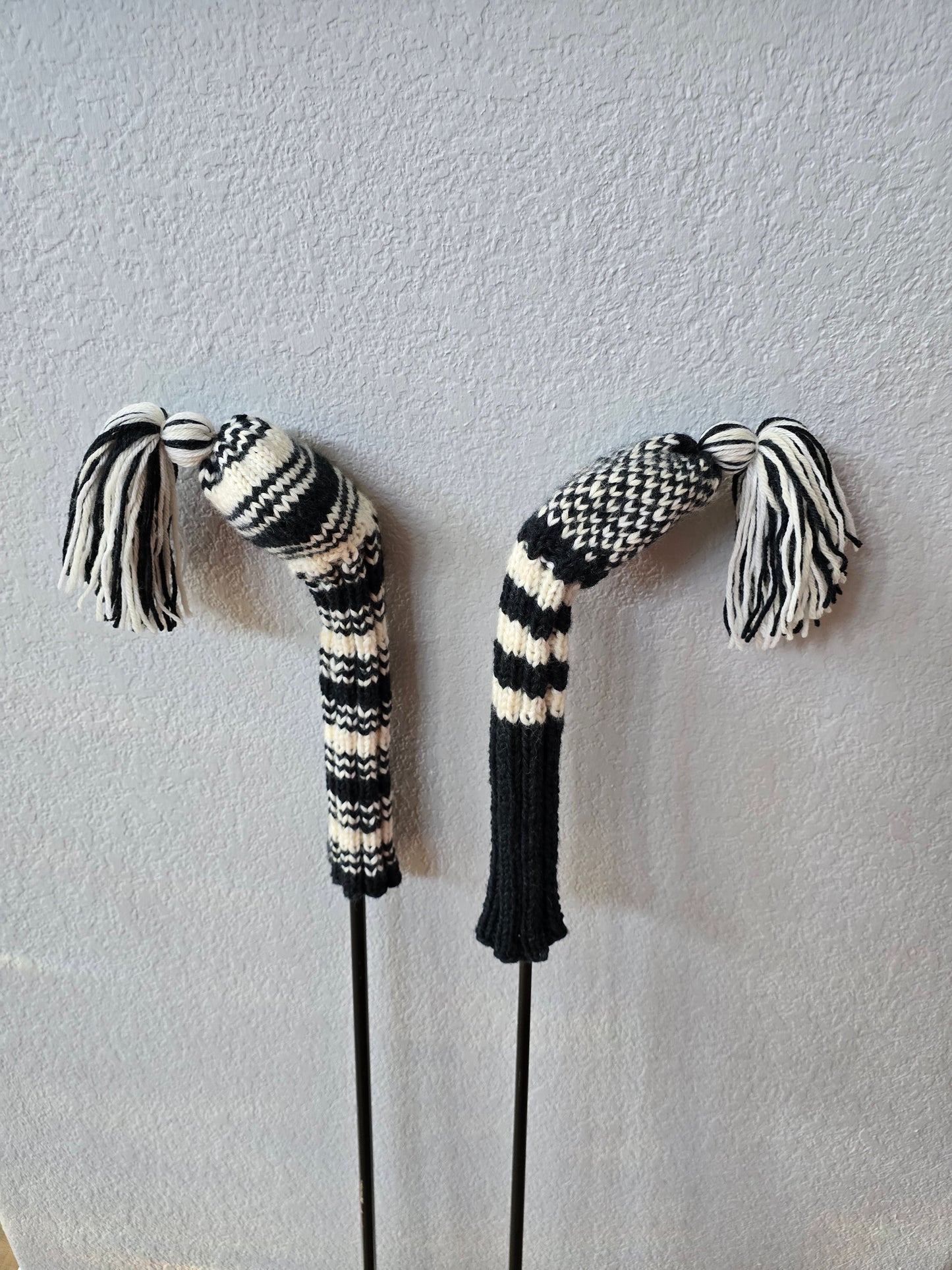Two 100% Wool Hand Knit Golf Club Head Cover Retro-Vintage Dark Gray & Ivory with Tassel for Fairway Woods