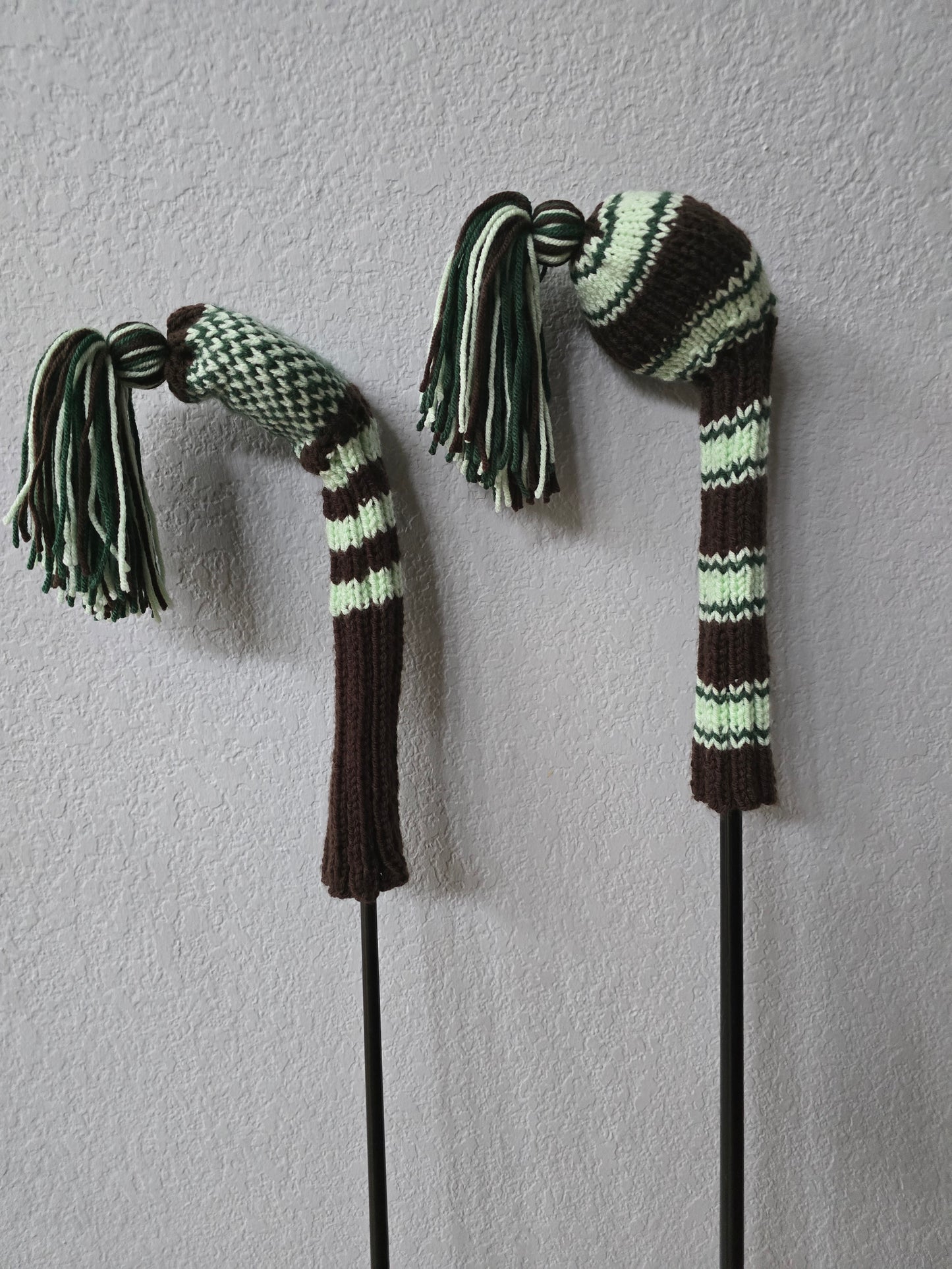 Two Hand Knit Golf Club Head Covers with Tassels for Driver and Fairway Wood Custom Order for Tristan in Brown, Hunter Green and Mint Green