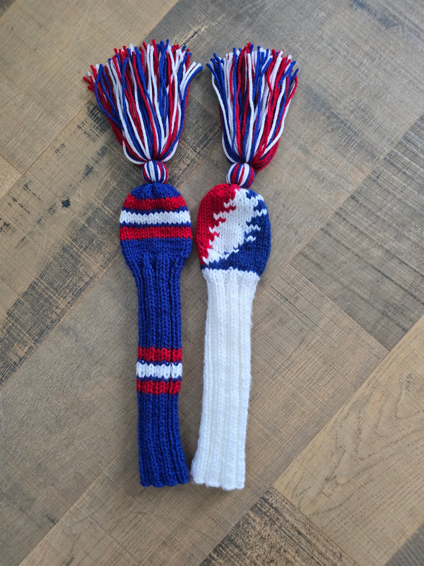 Hand Knit Golf Club Head Covers Retro-Vintage Custom Red, White and Blue Set of Two for Hybrids for Wes
