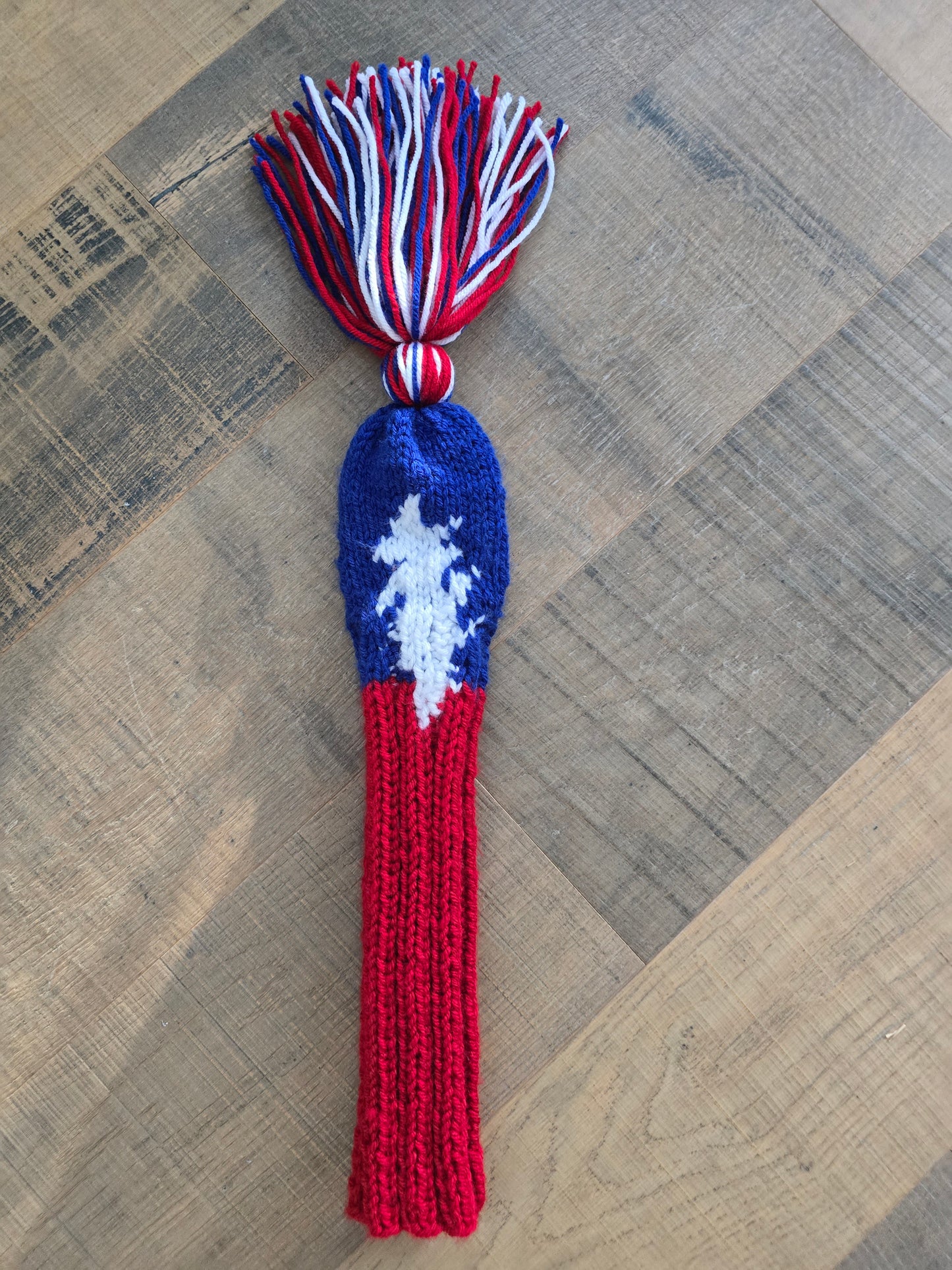 Hand Knit Fairway Cover Red, White and Blue with 13 point Lightening Bolt