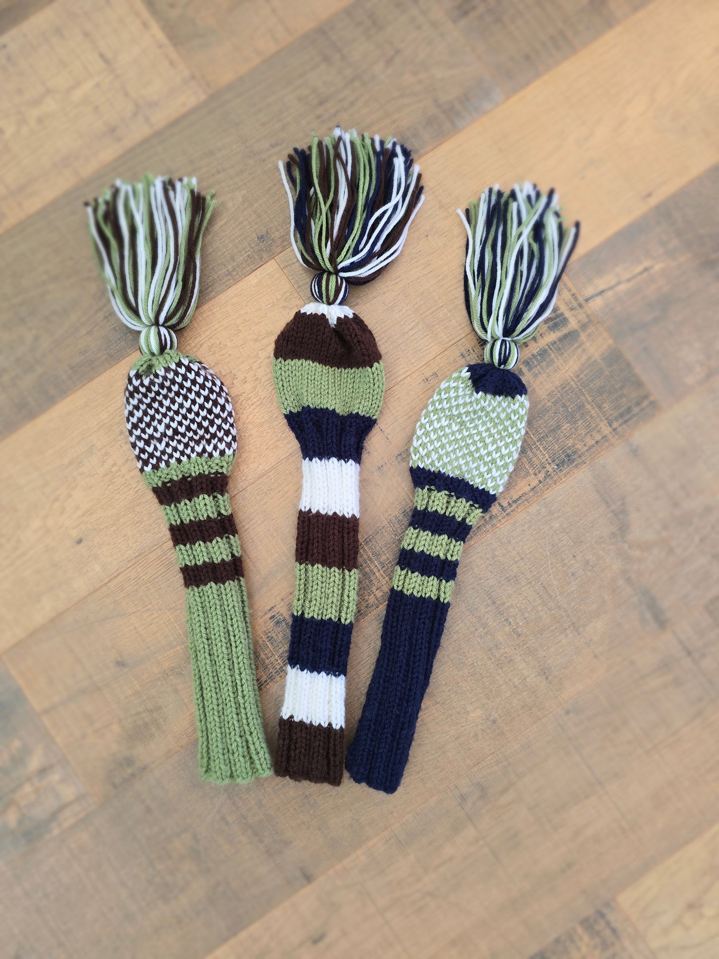 Hand Knit Golf Club Head Covers Retro-Vintage Navy, Green, Brown & White Set of Three Driver & Fairway Woods