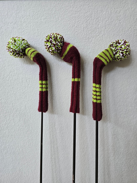 Three Hand Knit Golf Club Head Covers Retro-Vintage Burgundy, Green & White with Pom Poms for Drivers, Woods