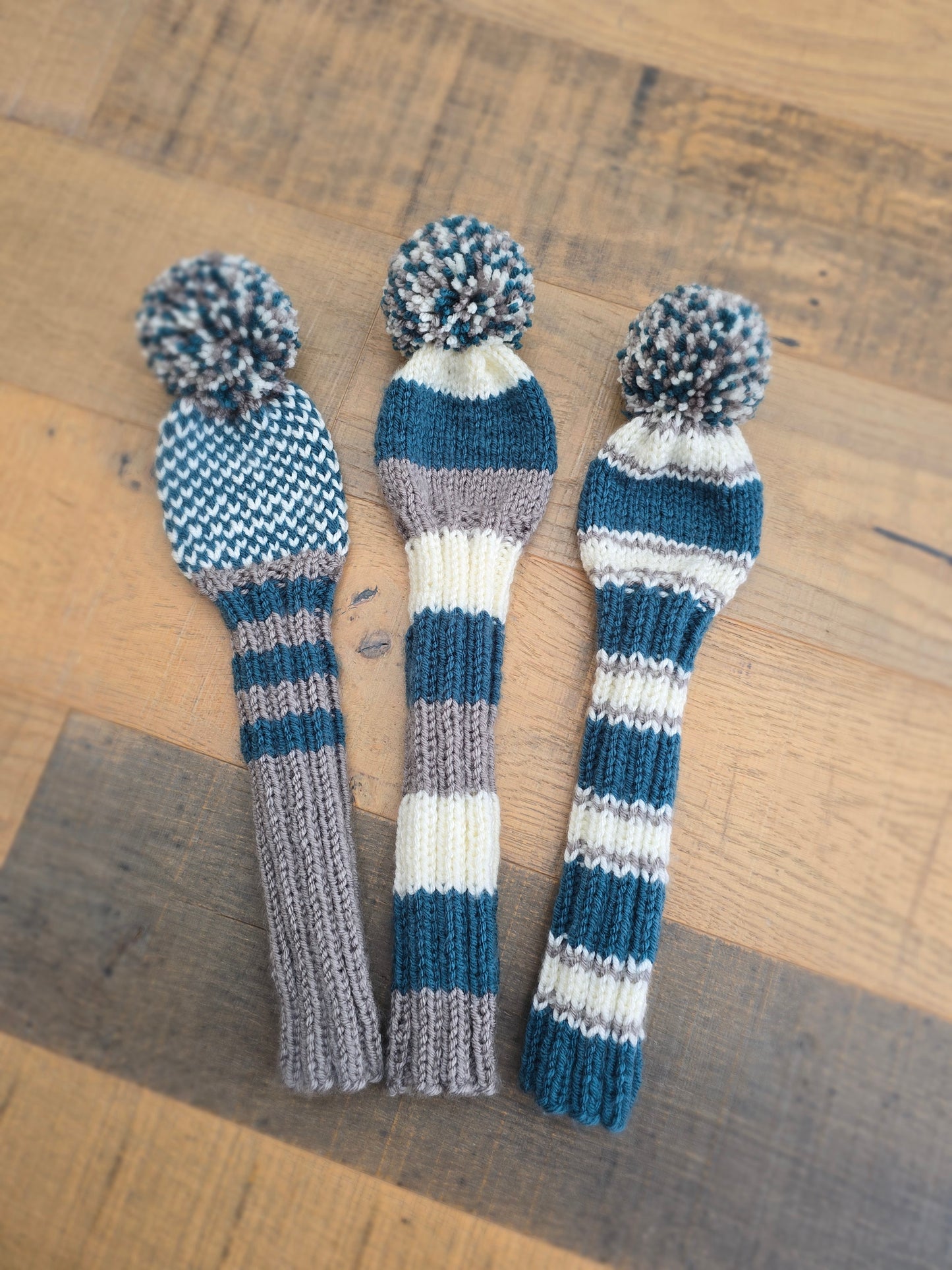 Golf Club Head Covers Retro-Vintage Teal, Gray and Off White with Pom Poms for Drivers, Woods Hand Knit Golf Accessory