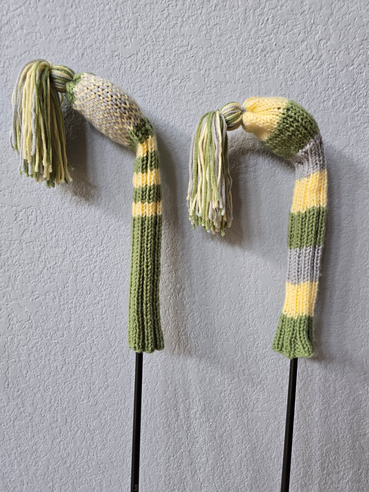 Two Golf Club Head Covers Retro-Vintage Green, Yellow & Gray with Tassels for Fairway Woods