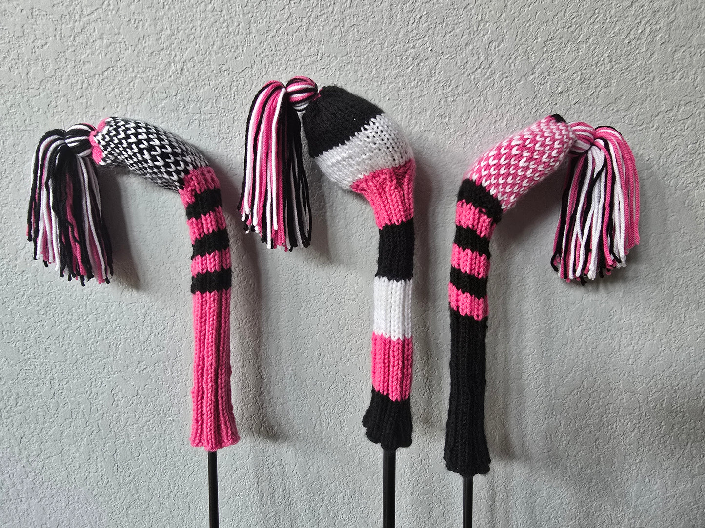Two Hand Knit Golf Club Head Covers Retro-Vintage Black, Pink & White with Tassels for Fairway Woods
