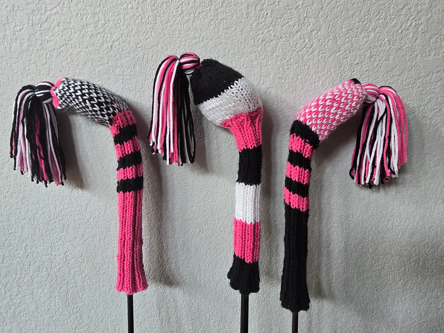 Two Hand Knit Golf Club Head Covers Retro-Vintage Black, Pink & White with Tassels for Fairway Woods