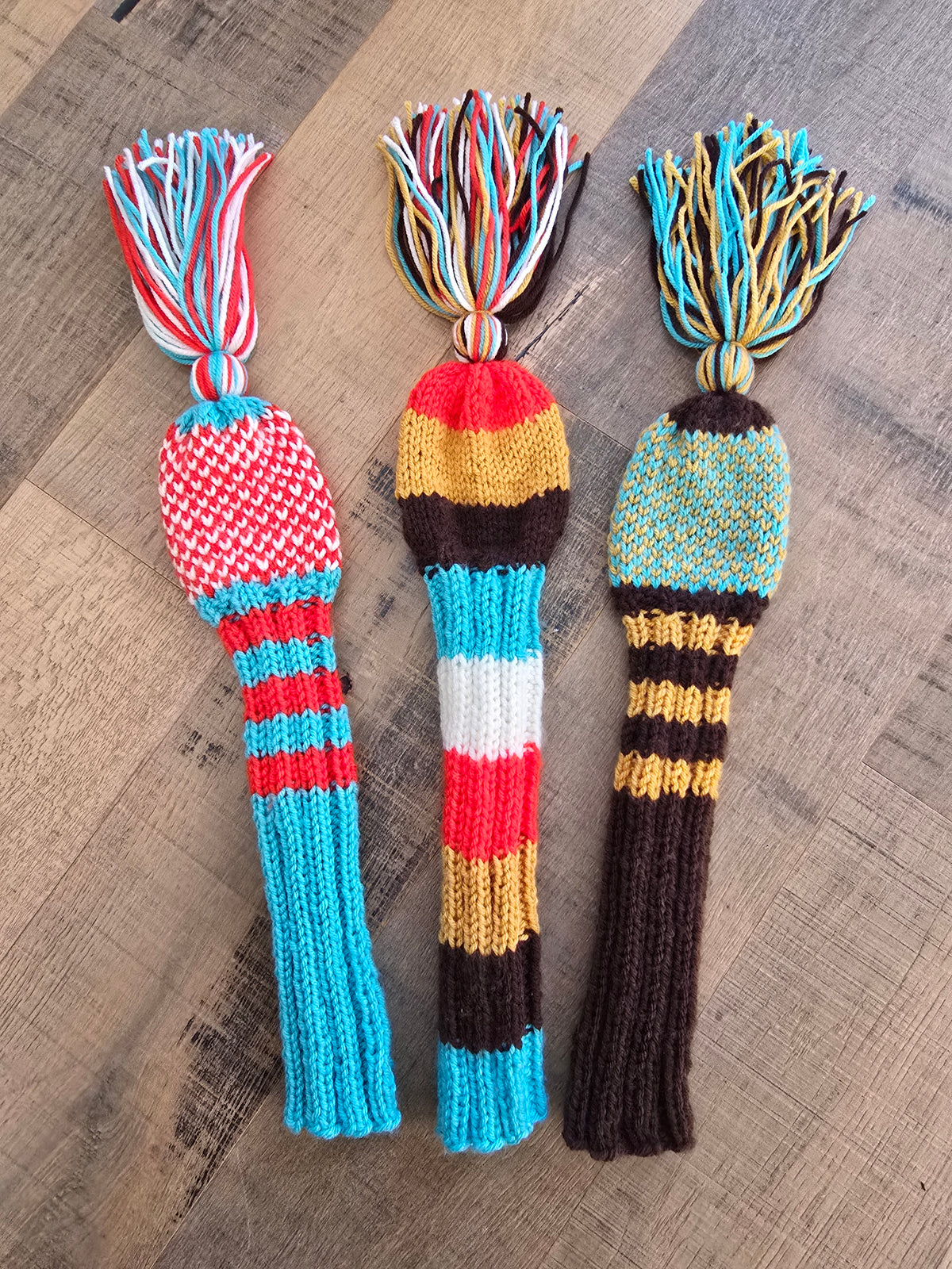 Hand Knit Golf Club Head Covers Retro-Vintage Multi Colored with Tassels for Driver & Fairway Woods Golf Gift