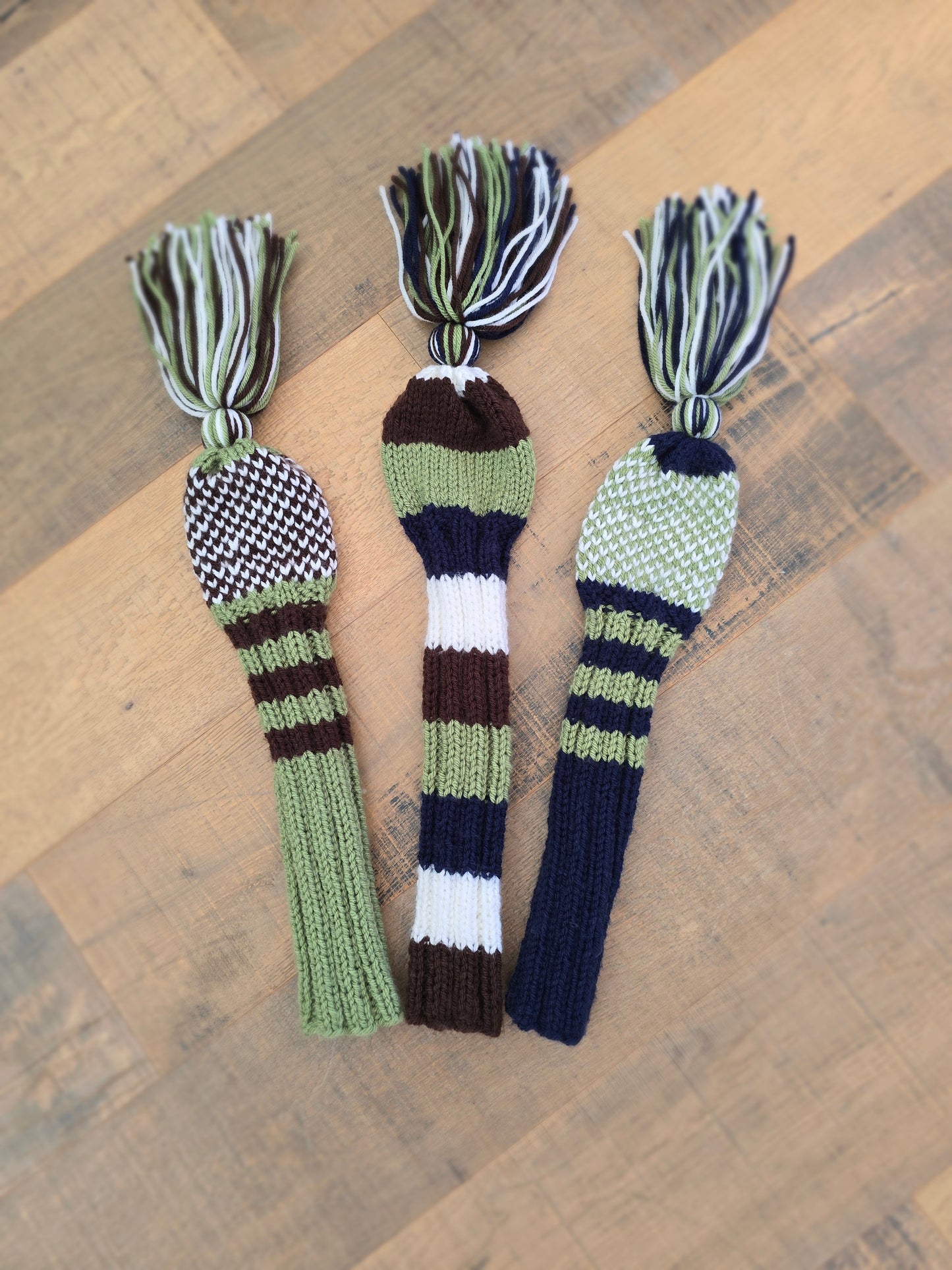 Hand Knit Golf Club Head Covers Retro-Vintage Navy, Green, Brown & White Set of Three Driver & Fairway Woods