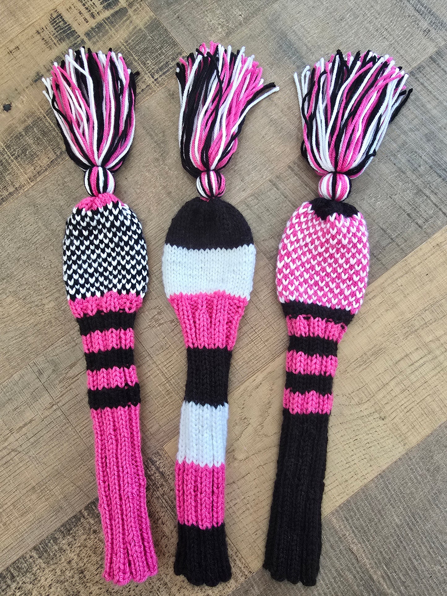 Two Hand Knit Golf Club Head Covers Retro-Vintage Black, Pink & White with Tassels for Fairway Woods