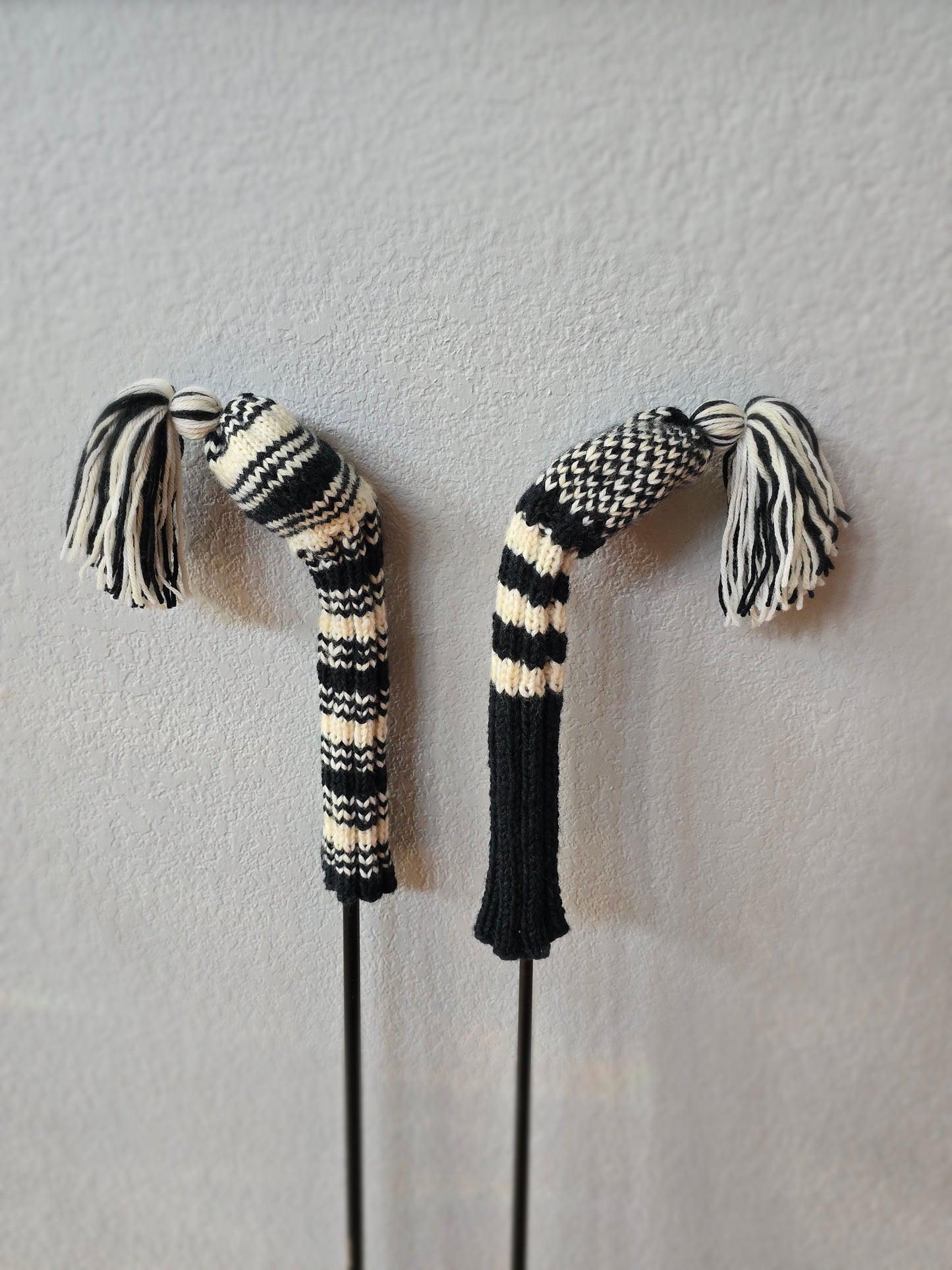 Two 100% Wool Hand Knit Golf Club Head Cover Retro-Vintage Dark Gray & Ivory with Tassel for Fairway Woods