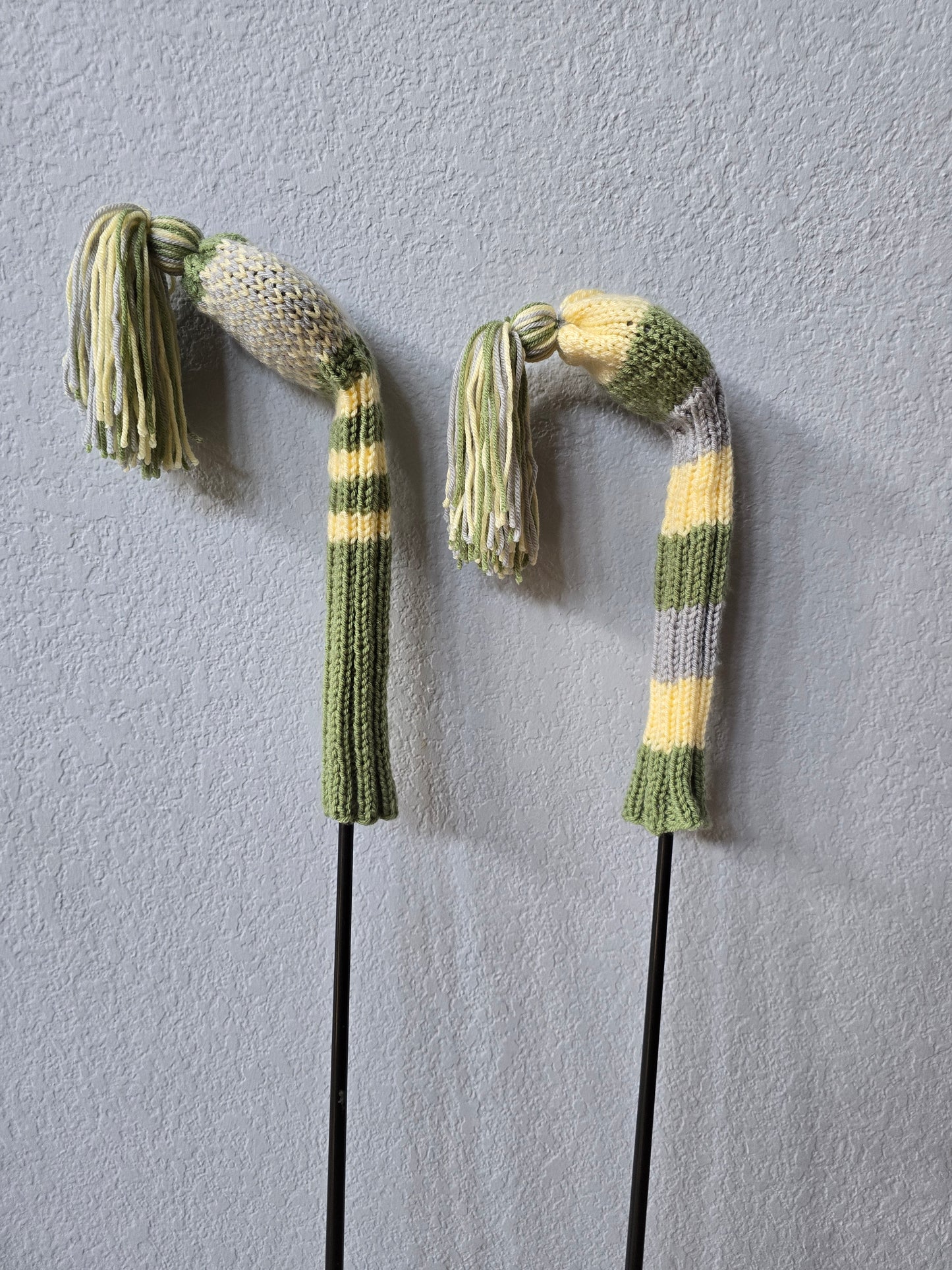Two Golf Club Head Covers Retro-Vintage Green, Yellow & Gray with Tassels for Fairway Woods